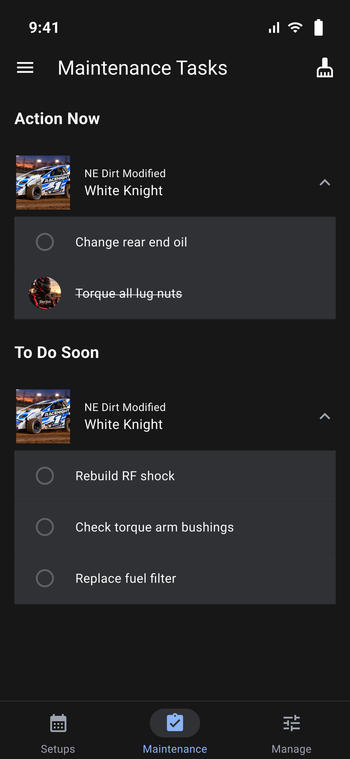 Maintenance Tasks with Action Now and To Do Soon groups