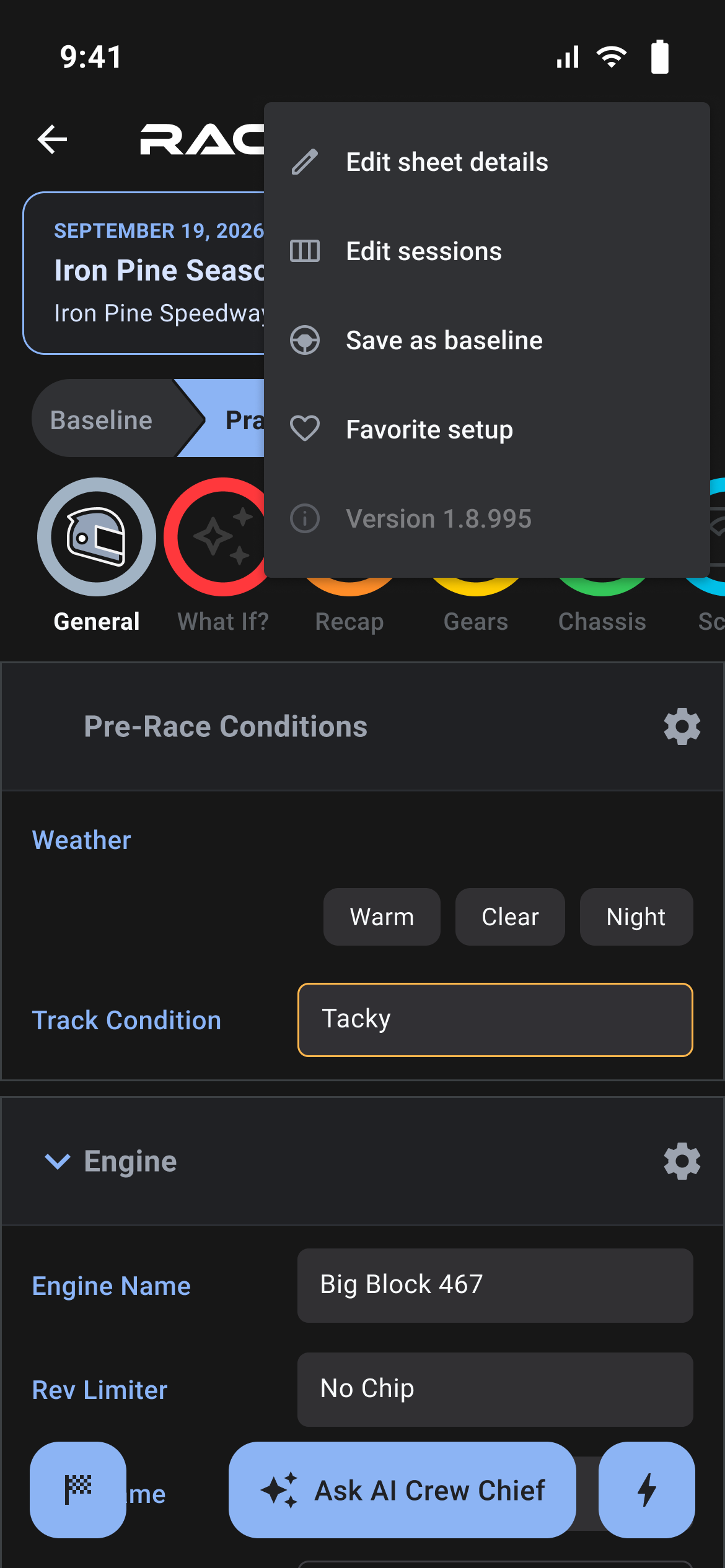 3-dot menu open with Edit sheet details, Edit sessions, Save as baseline and Favorite setup