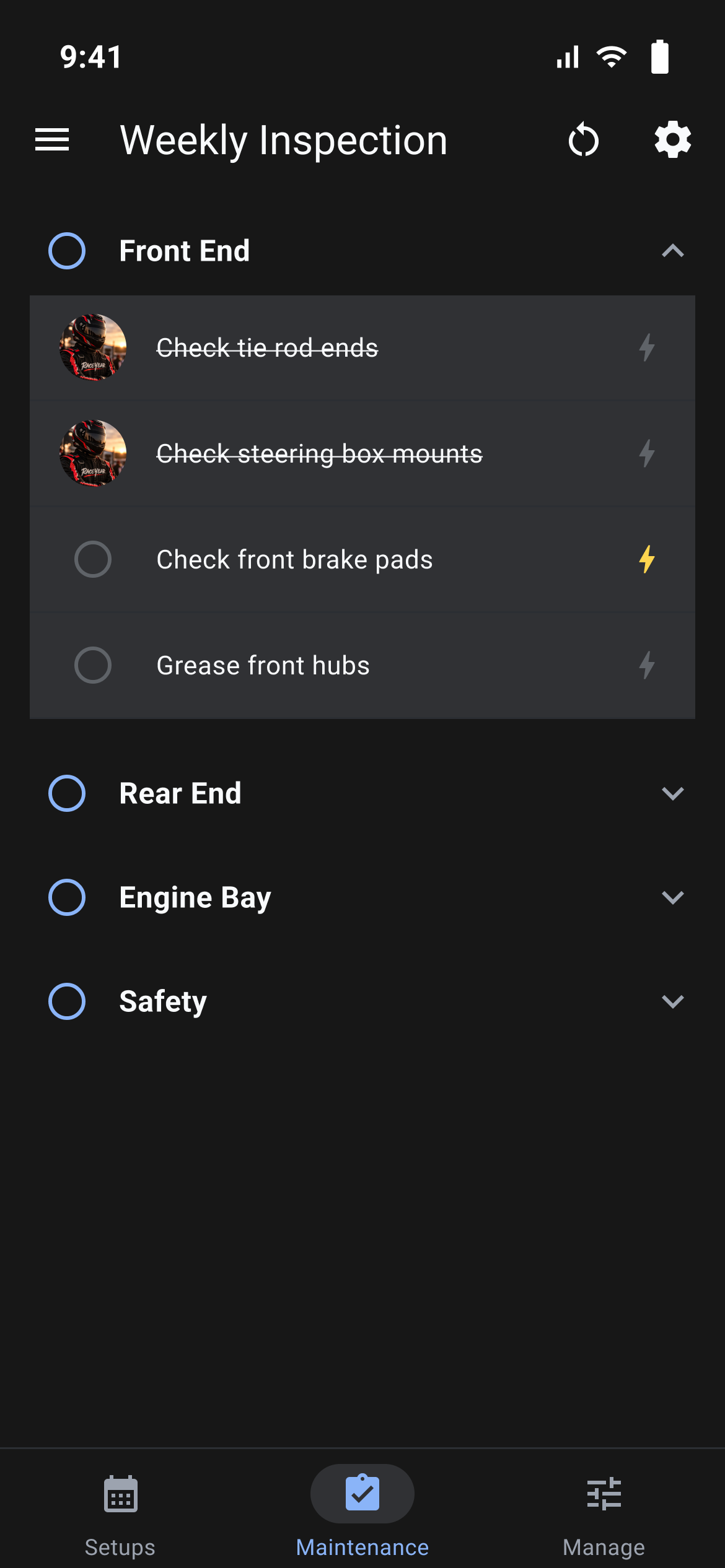 Weekly Inspection checklist grouped by Front End, Rear End, Engine Bay and Safety