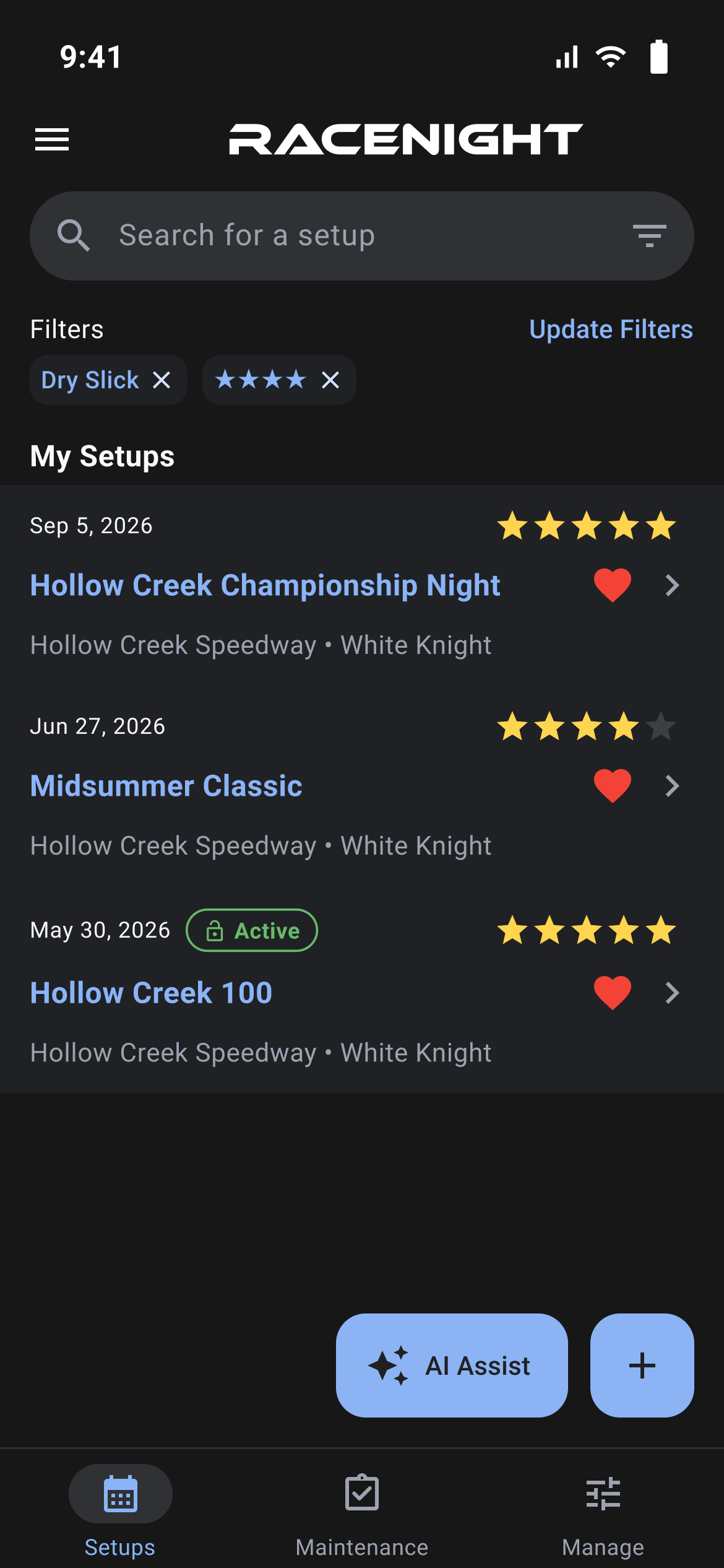 Setup list filtered by the Dry Slick tag and four stars, with Update Filters in the filters row
