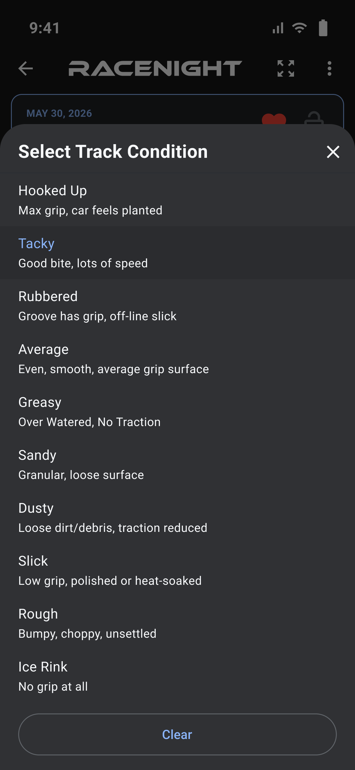 Select Track Condition pick list with a description under each option and a Clear button