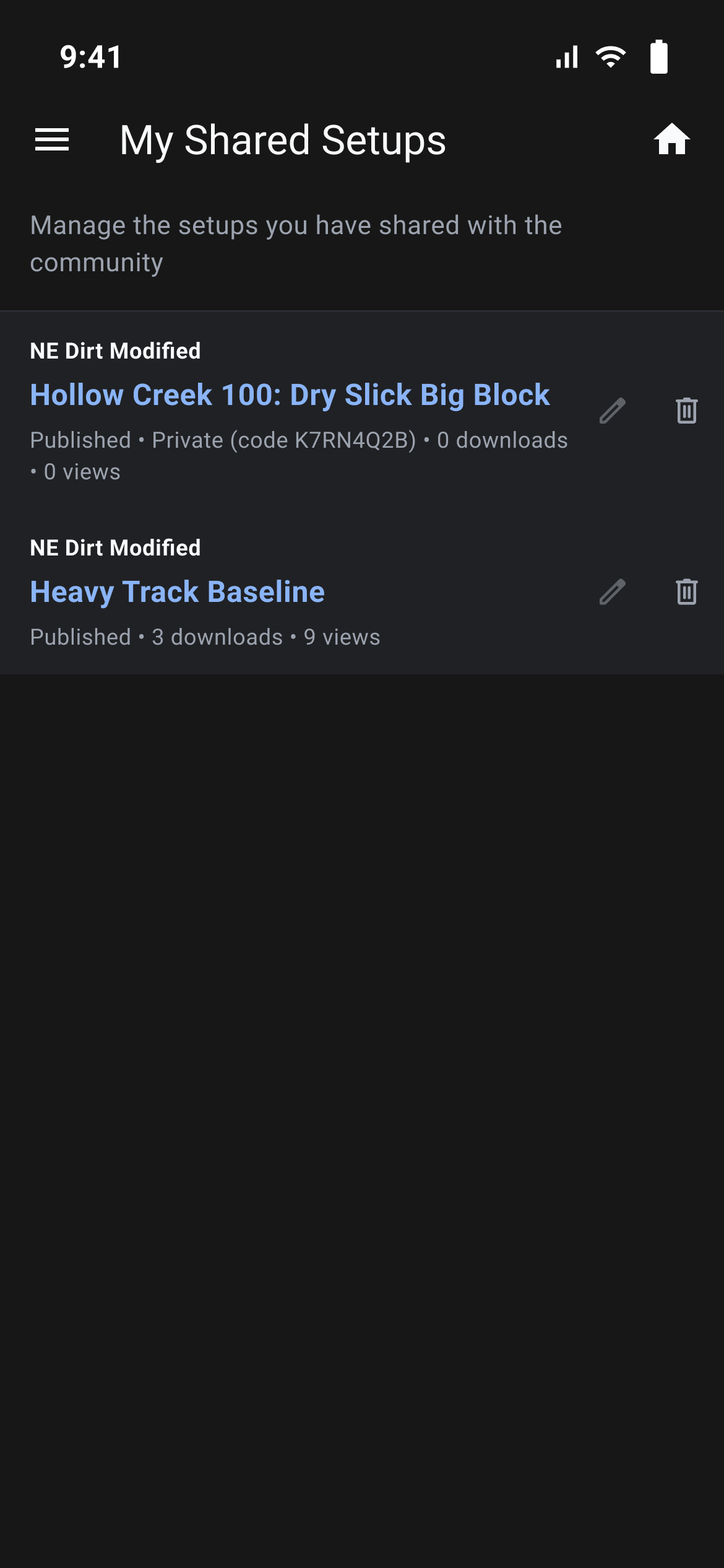 My Shared Setups with one public and one private listing