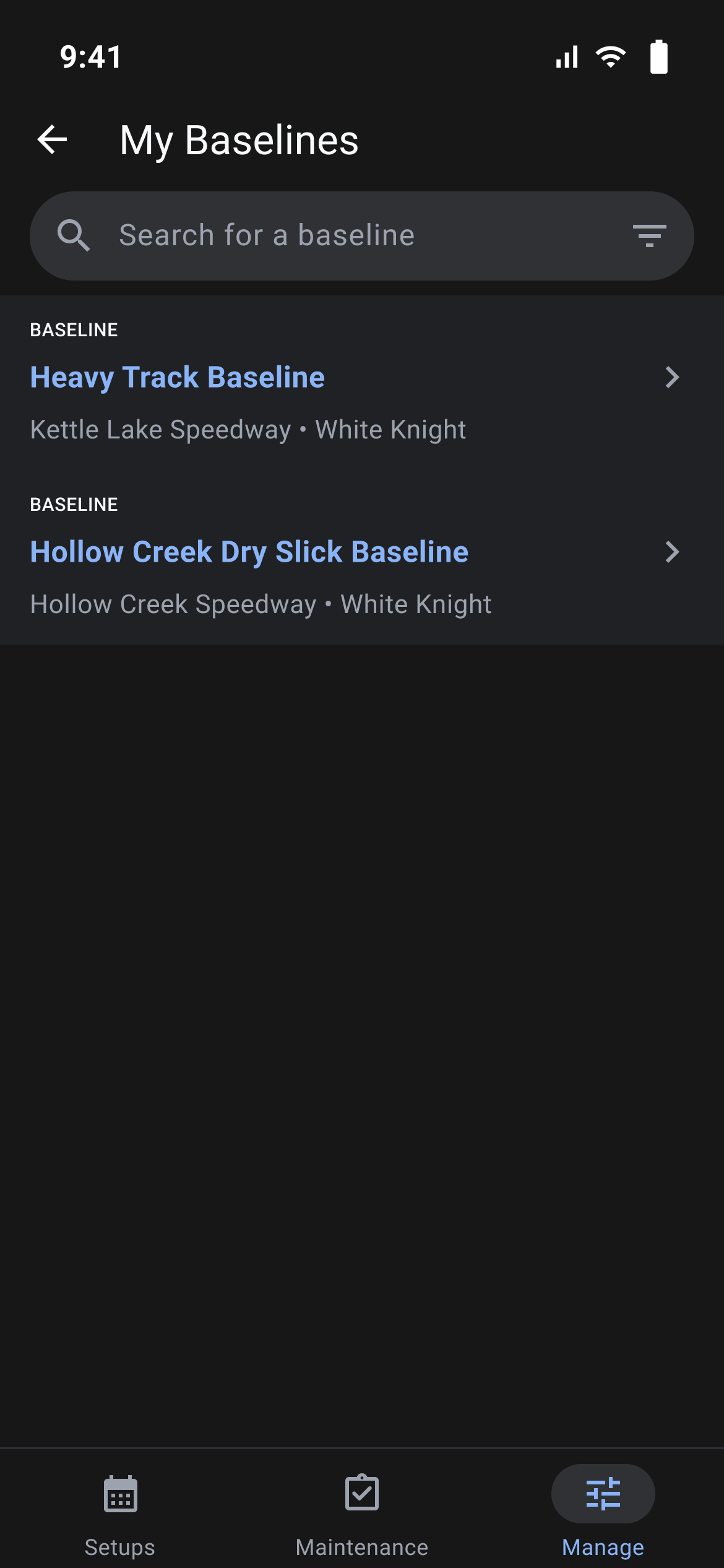 My Baselines list with two baselines and a search box