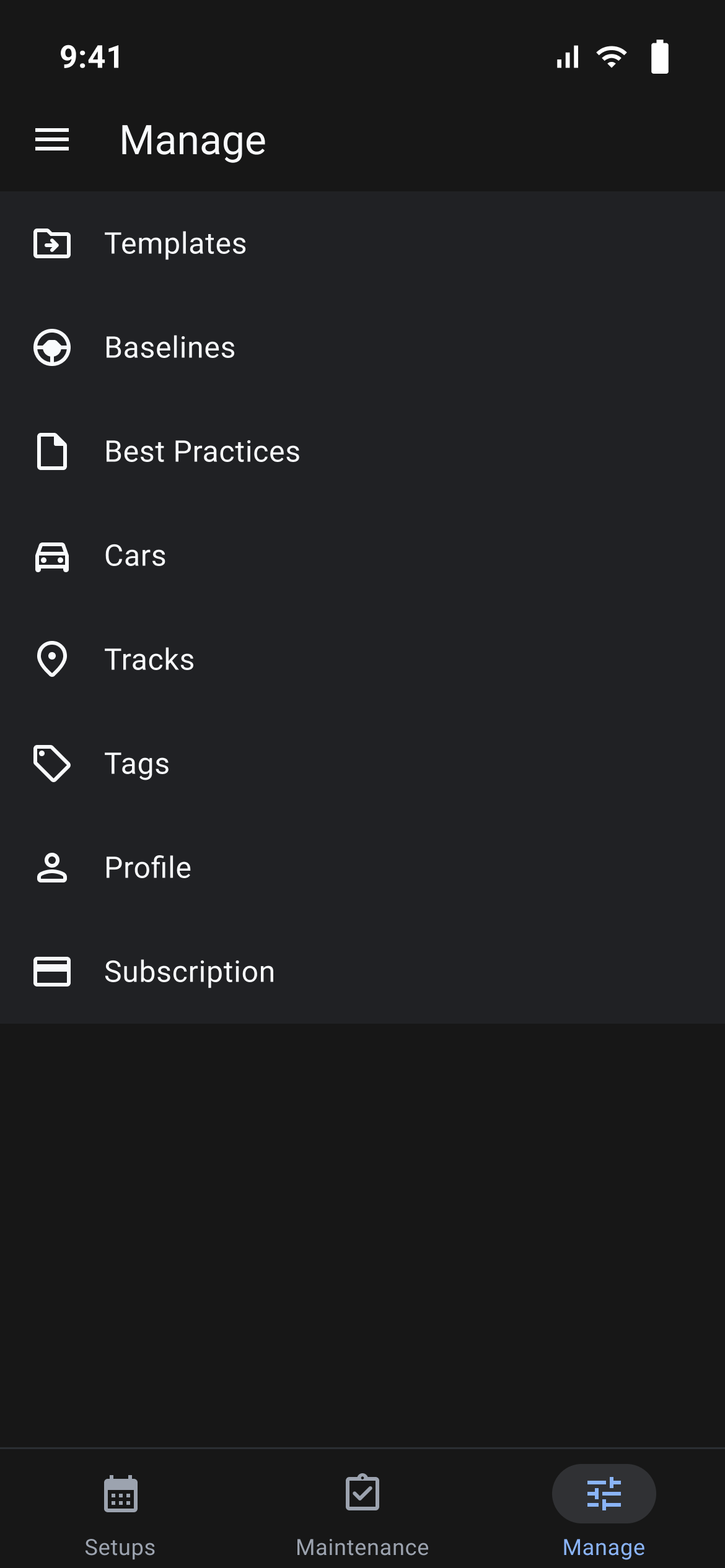 The Manage tab list: Templates, Baselines, Best Practices, Cars, Tracks, Tags, Profile and Subscription