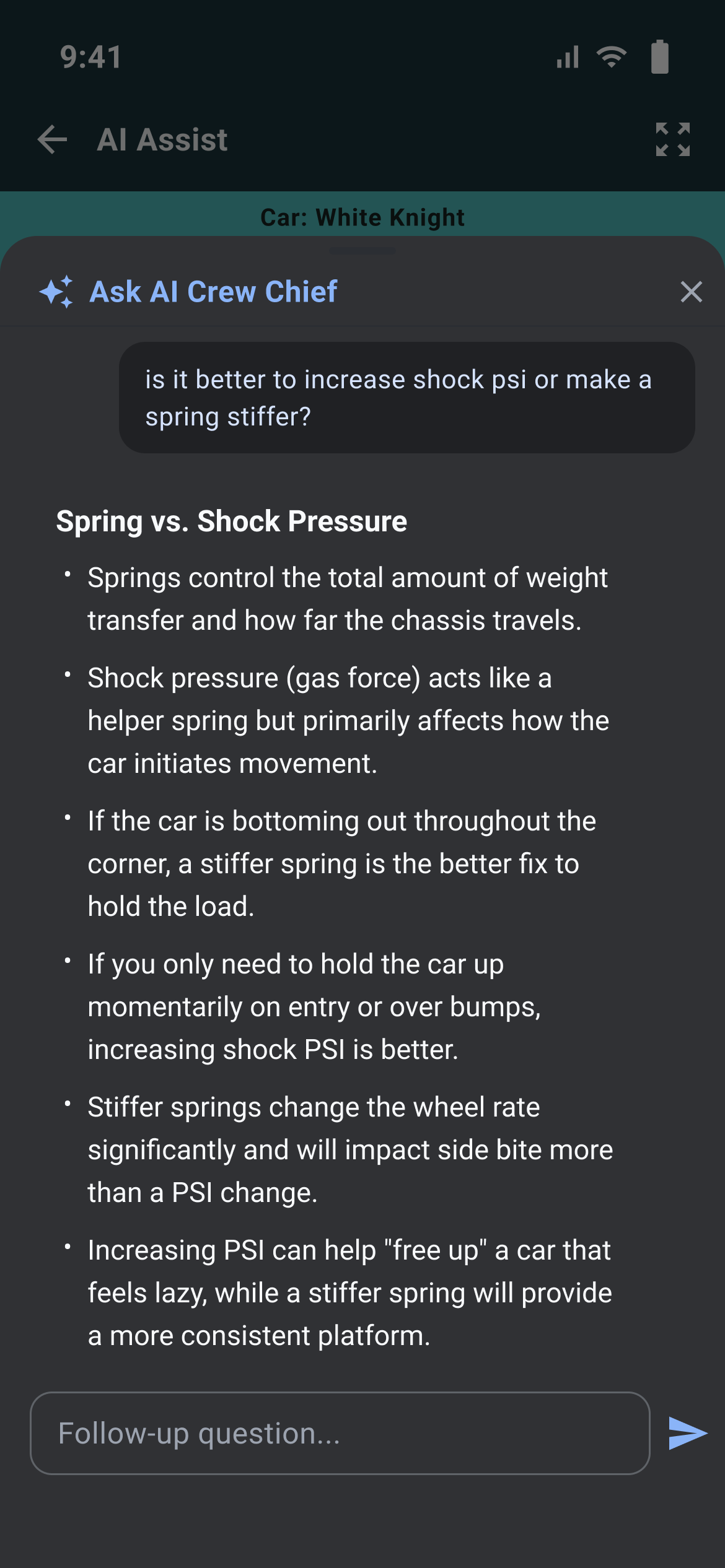 Ask AI Crew Chief answer comparing a stiffer spring with more shock PSI