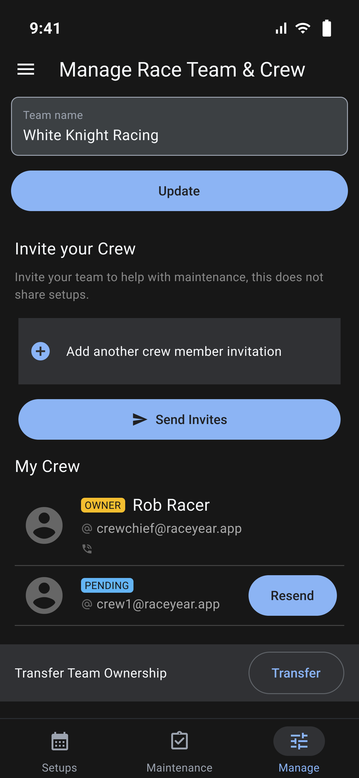My Crew with the owner and a PENDING invite with a Resend button