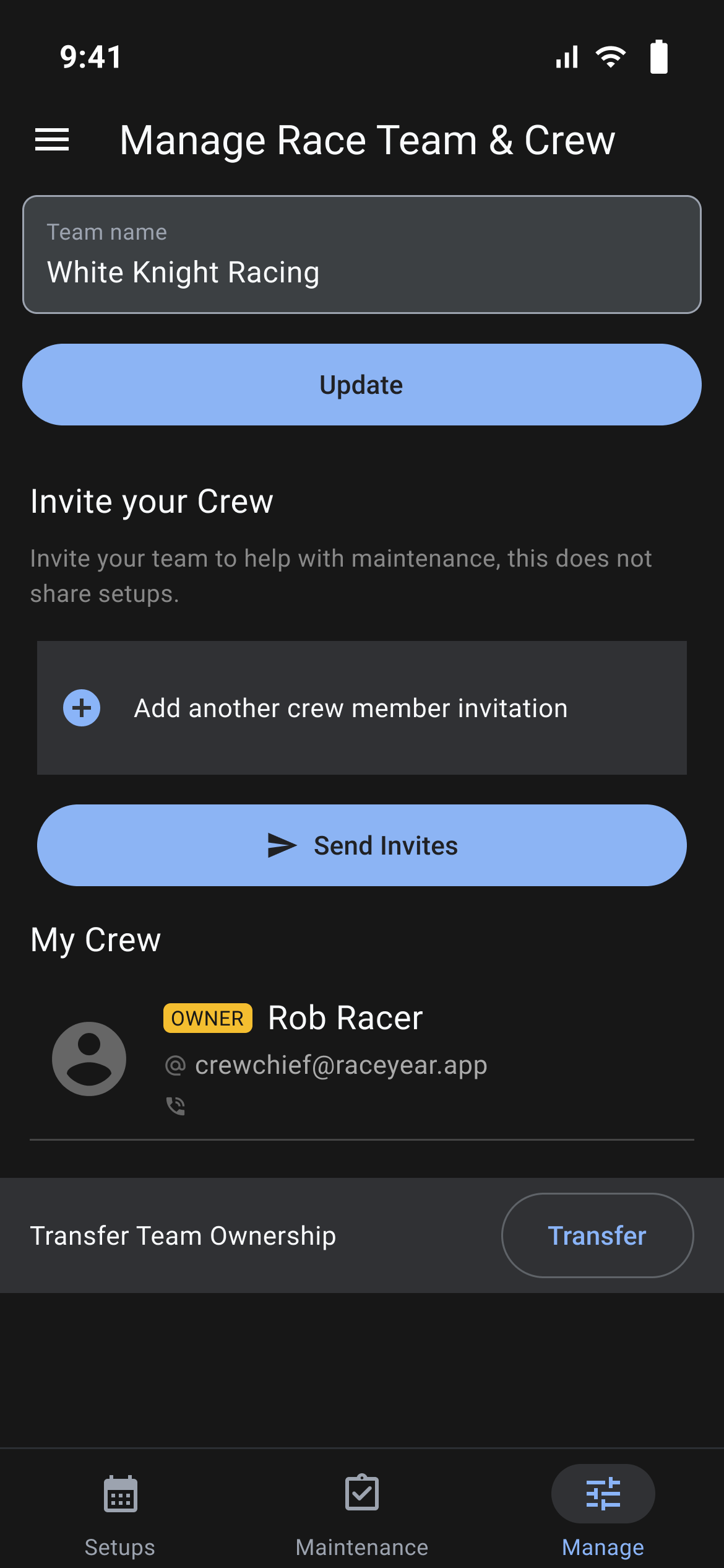 Manage Race Team & Crew with Team name, Invite your Crew and My Crew showing the owner
