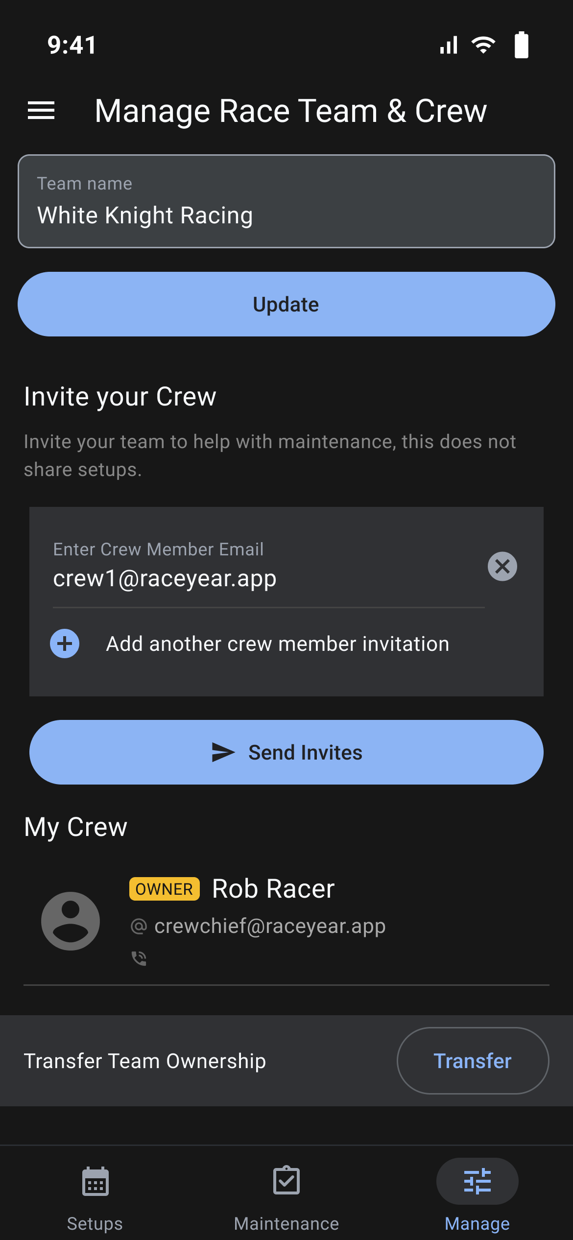 An invitation row filled in under Enter Crew Member Email, above Send Invites