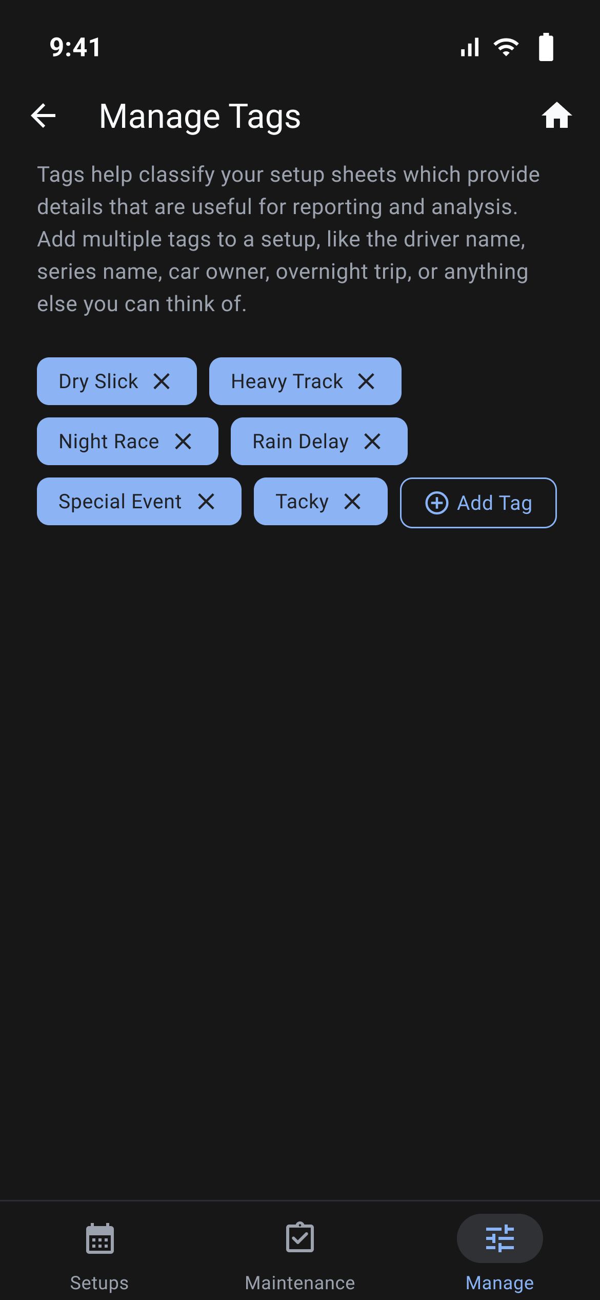Manage Tags with six tag chips, each with an X to remove it, and an Add Tag button