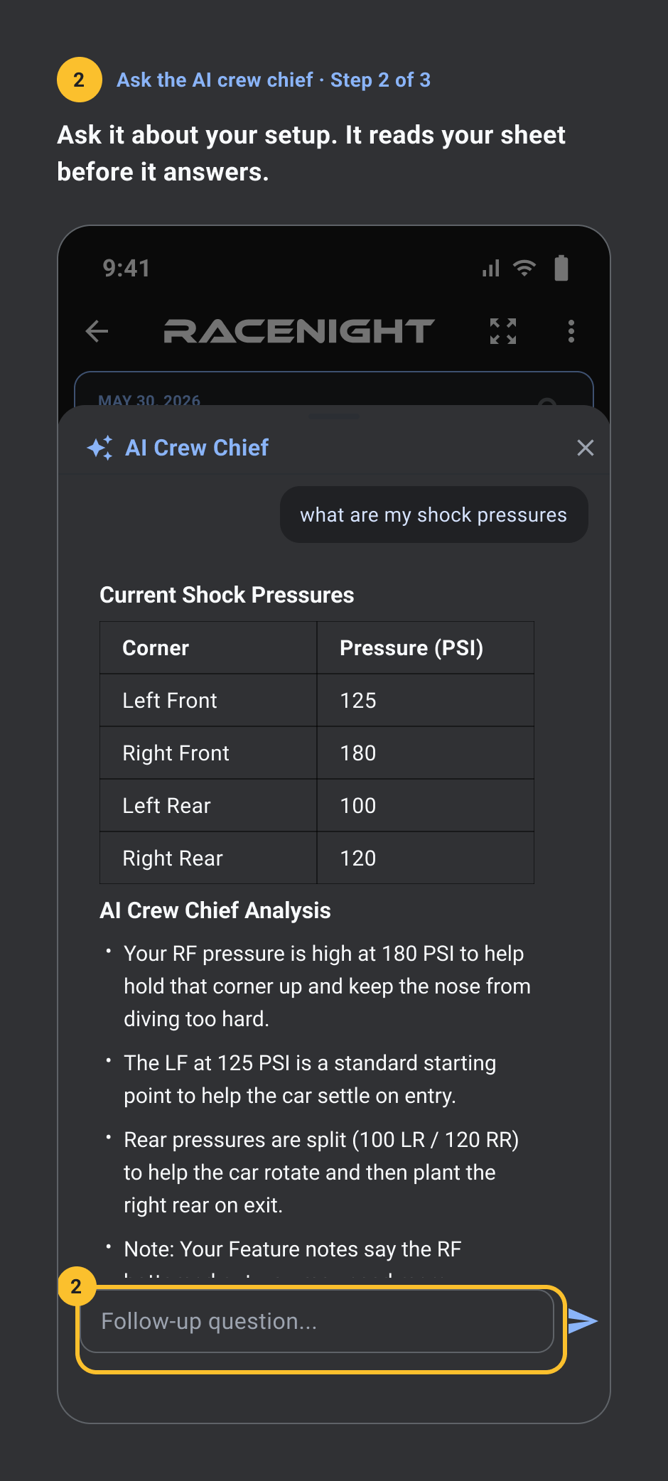 Ask it about your setup. It reads your sheet before it answers (step 2 of 3)