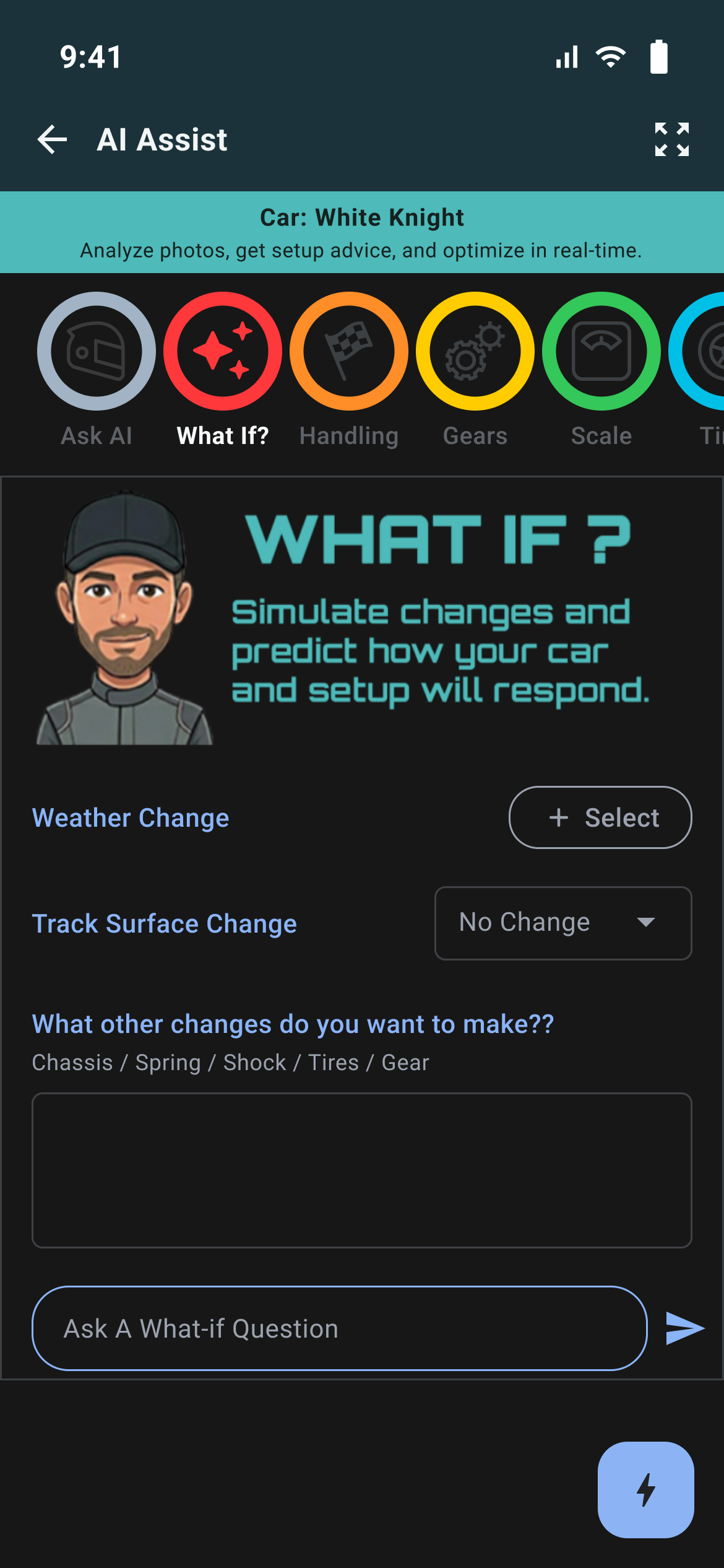 AI Assist on the What If? tab with Weather Change, Track Surface Change and Ask A What-if Question