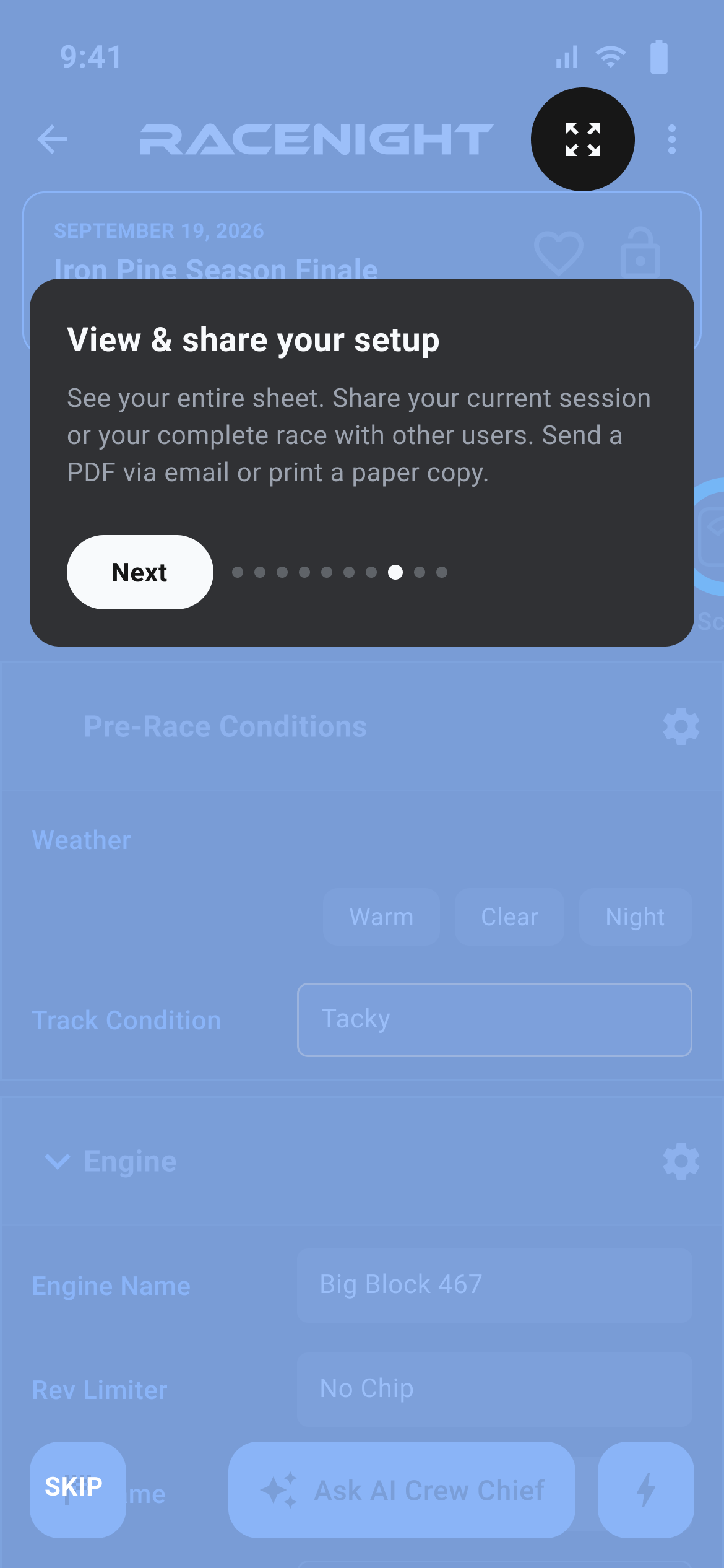 Tip on the full sheet icon: View & share your setup