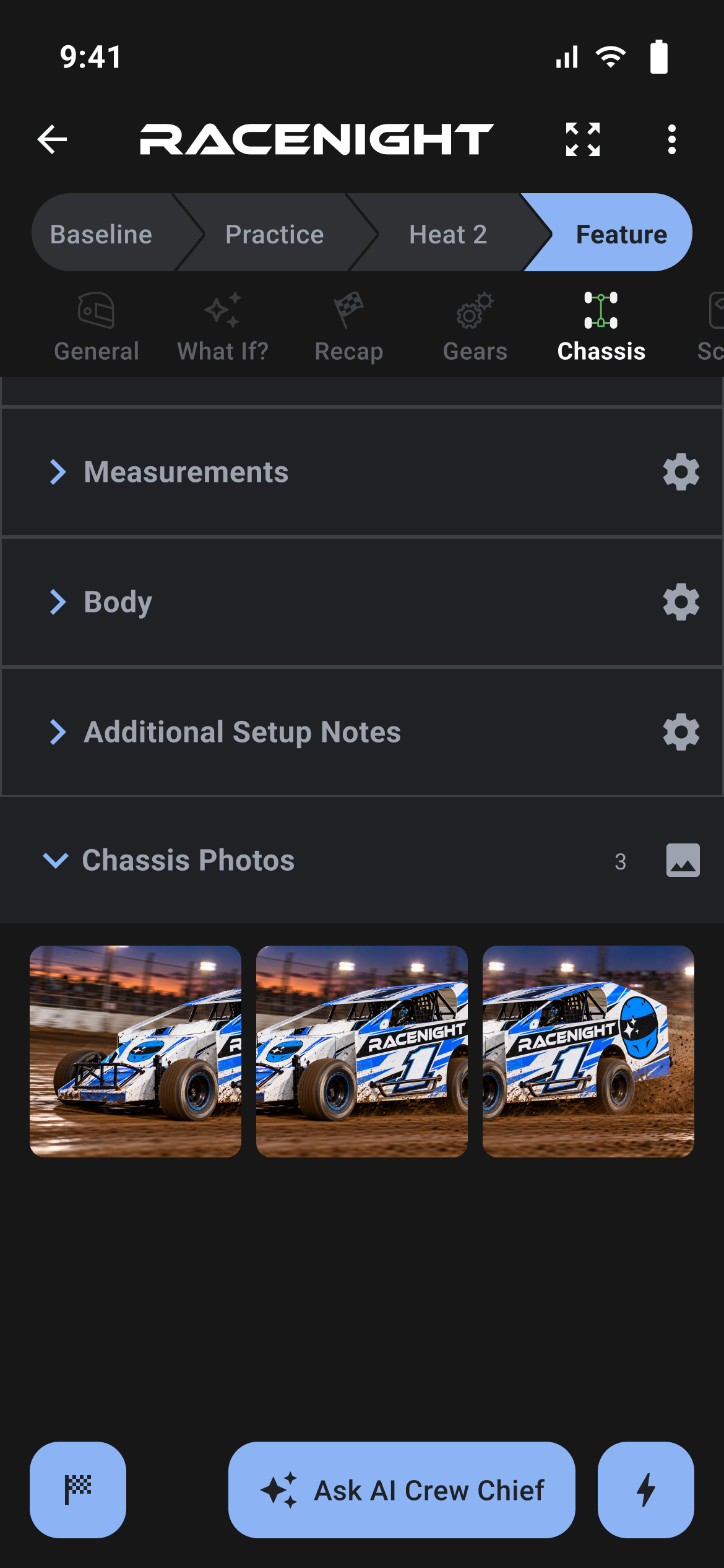A photo section on a setup sheet