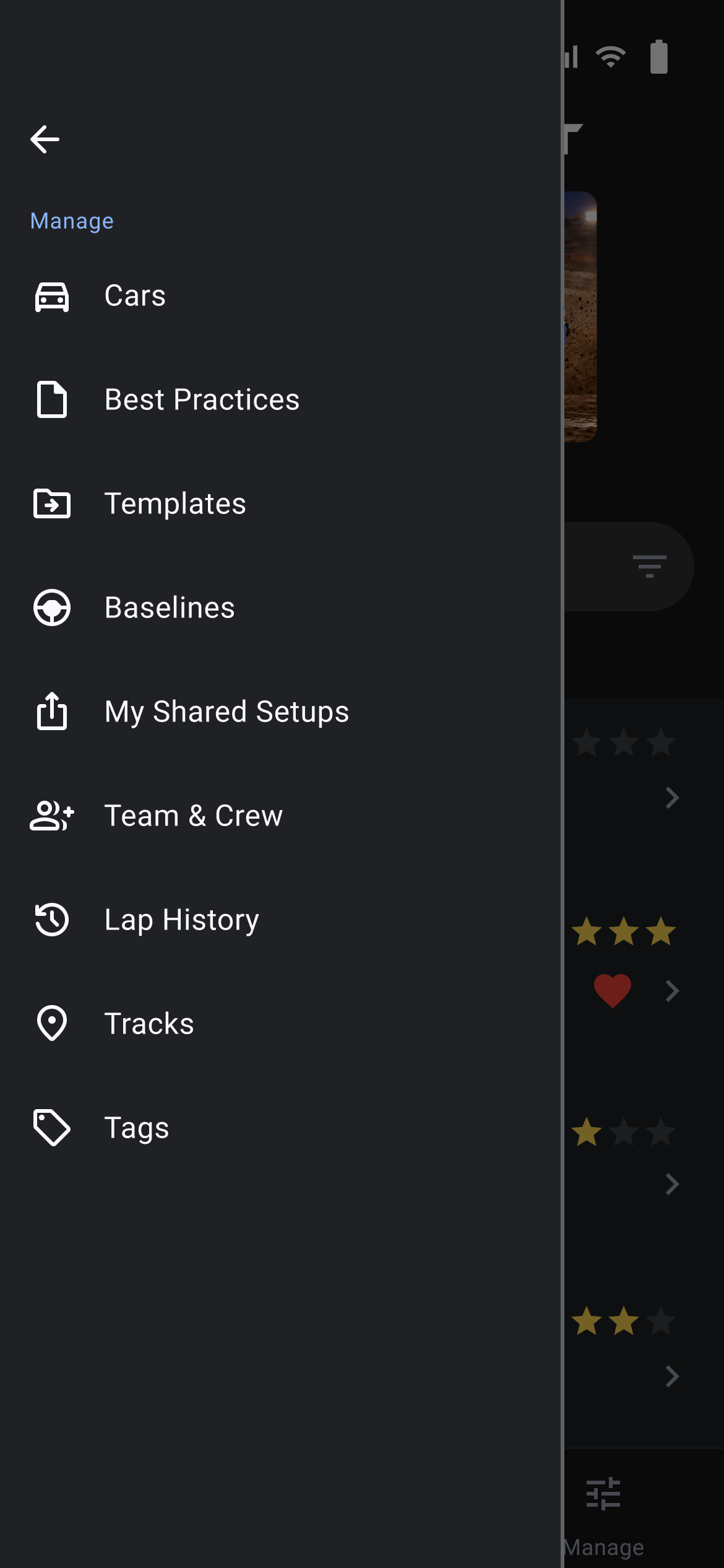 Side menu Manage list with Team & Crew between My Shared Setups and Lap History