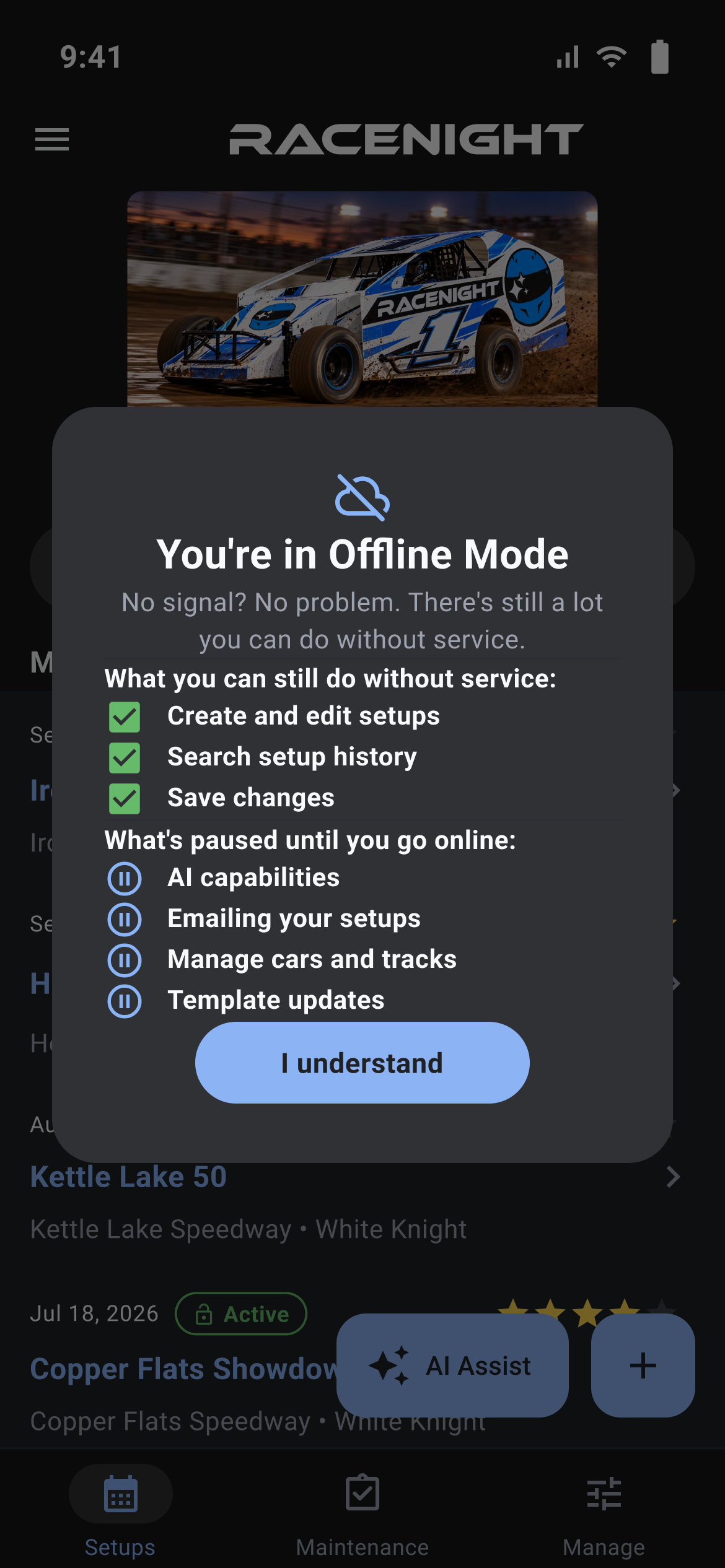 The You're in Offline Mode dialog showing available and paused features without cellular service