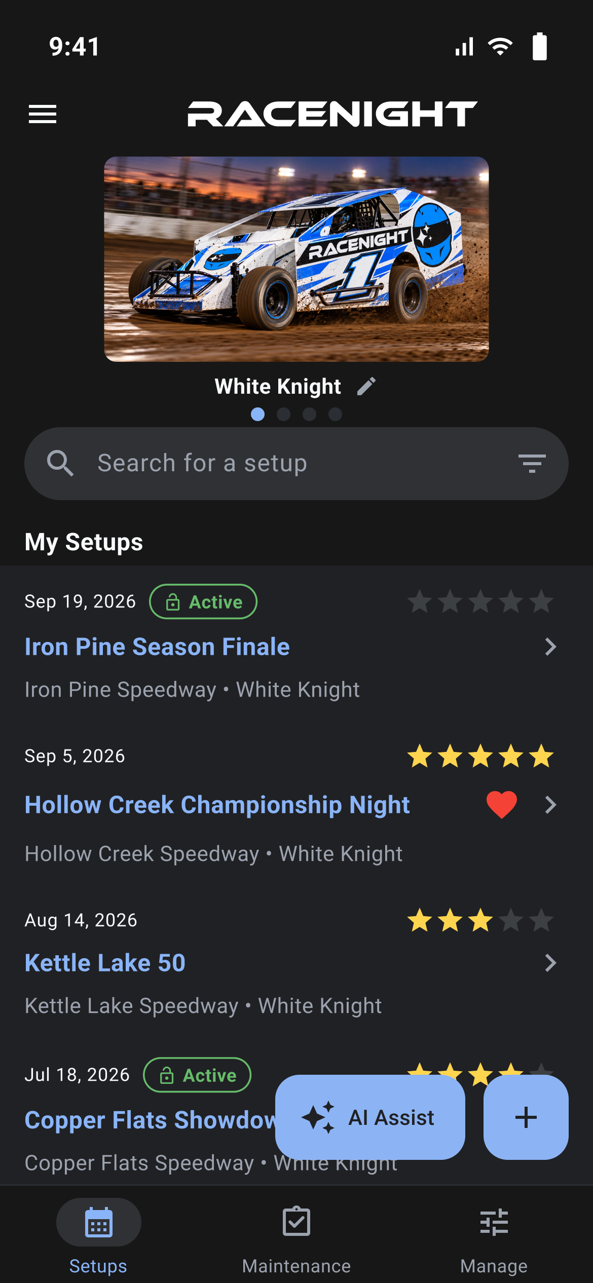 Setup list with the car carousel, search box, and setups showing date, Active badge, star rating, track and car