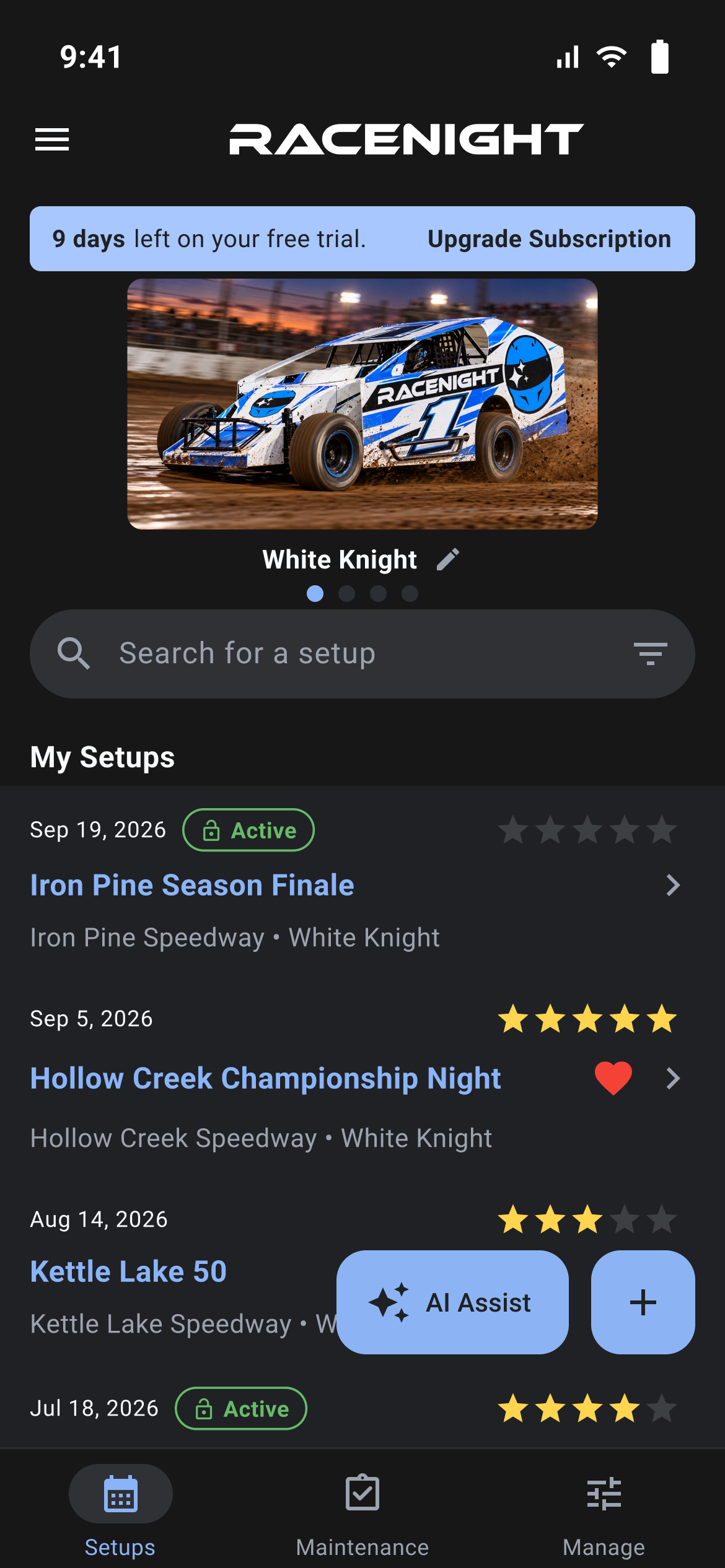 Setup list with the free trial strip at the top