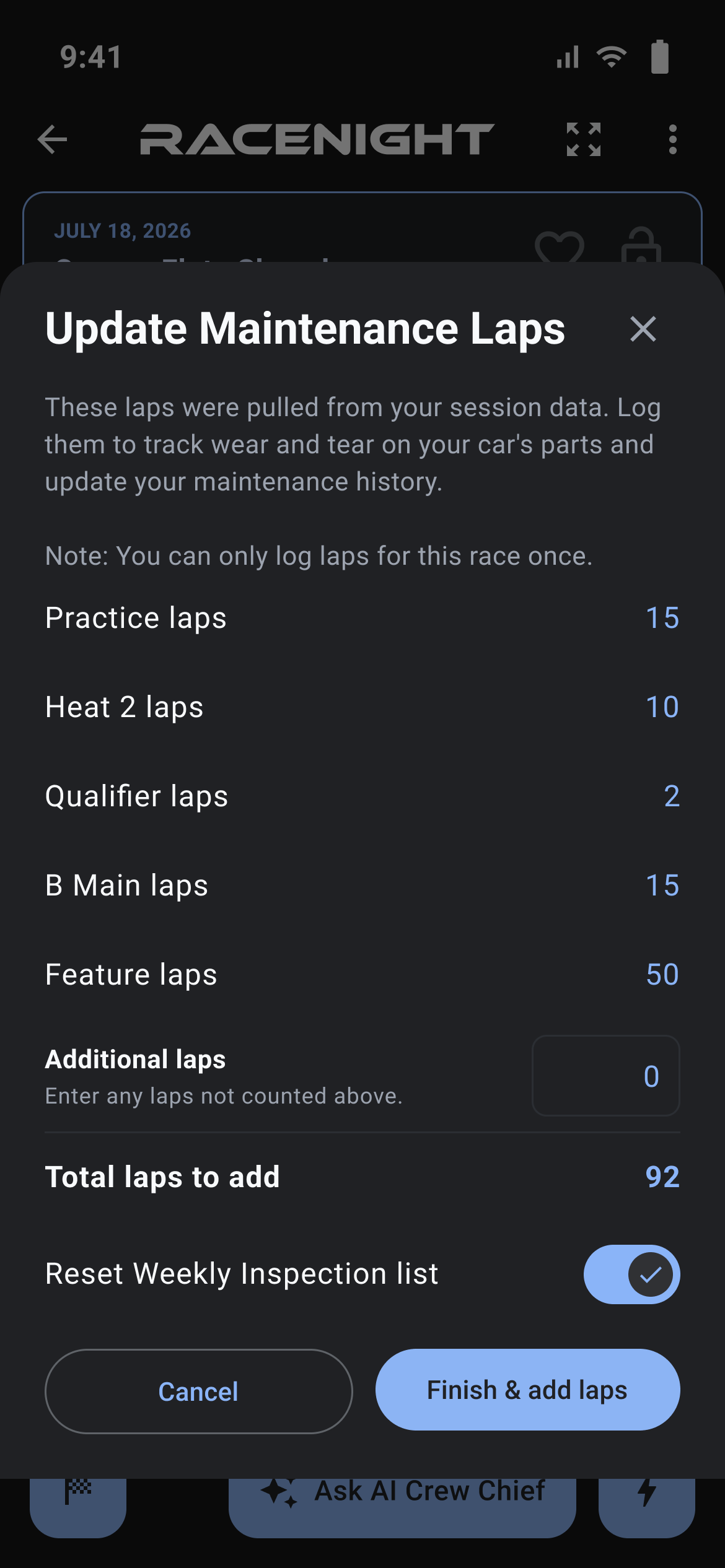 Update Maintenance Laps panel with laps for each session, a 92-lap total and Finish & add laps