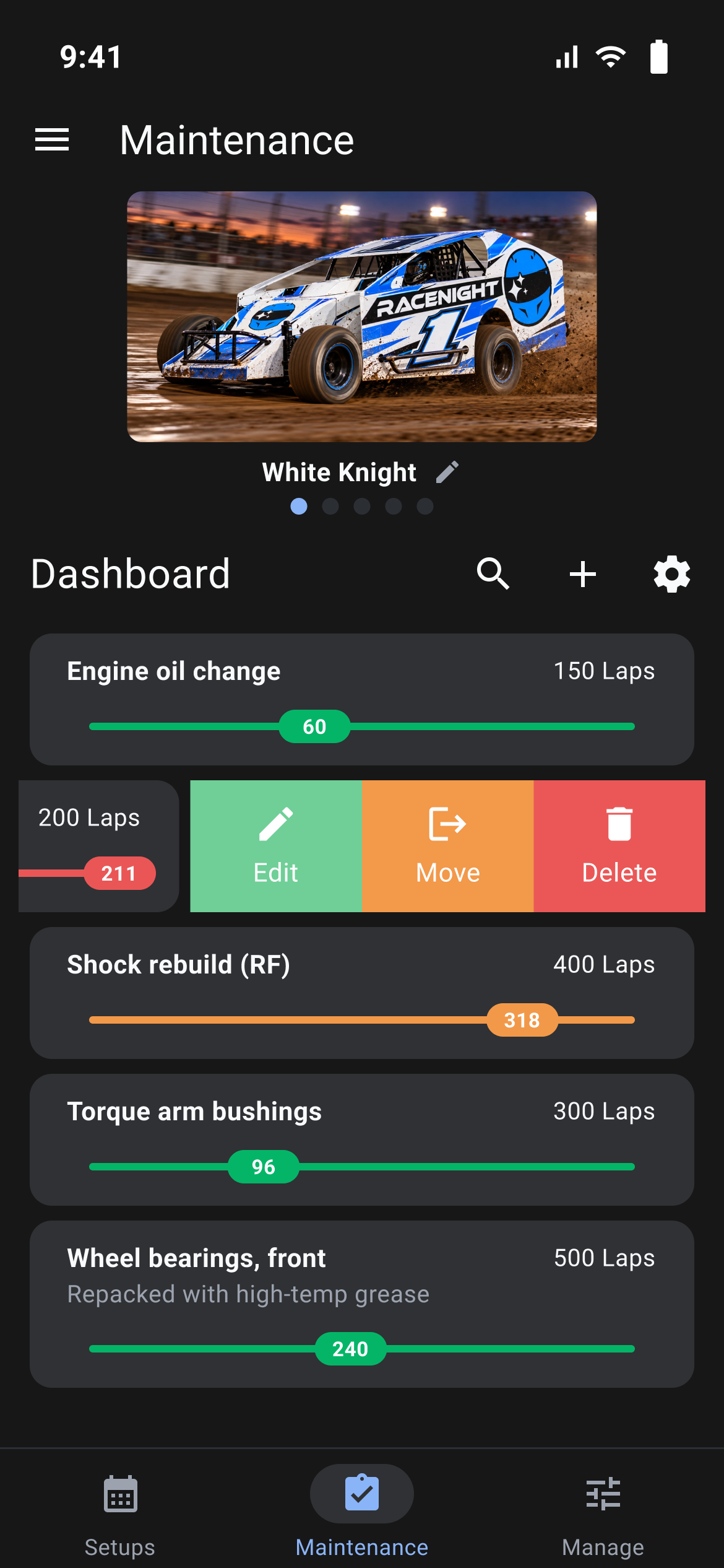 Maintenance Dashboard with a part card slid open to show Edit, Move and Delete