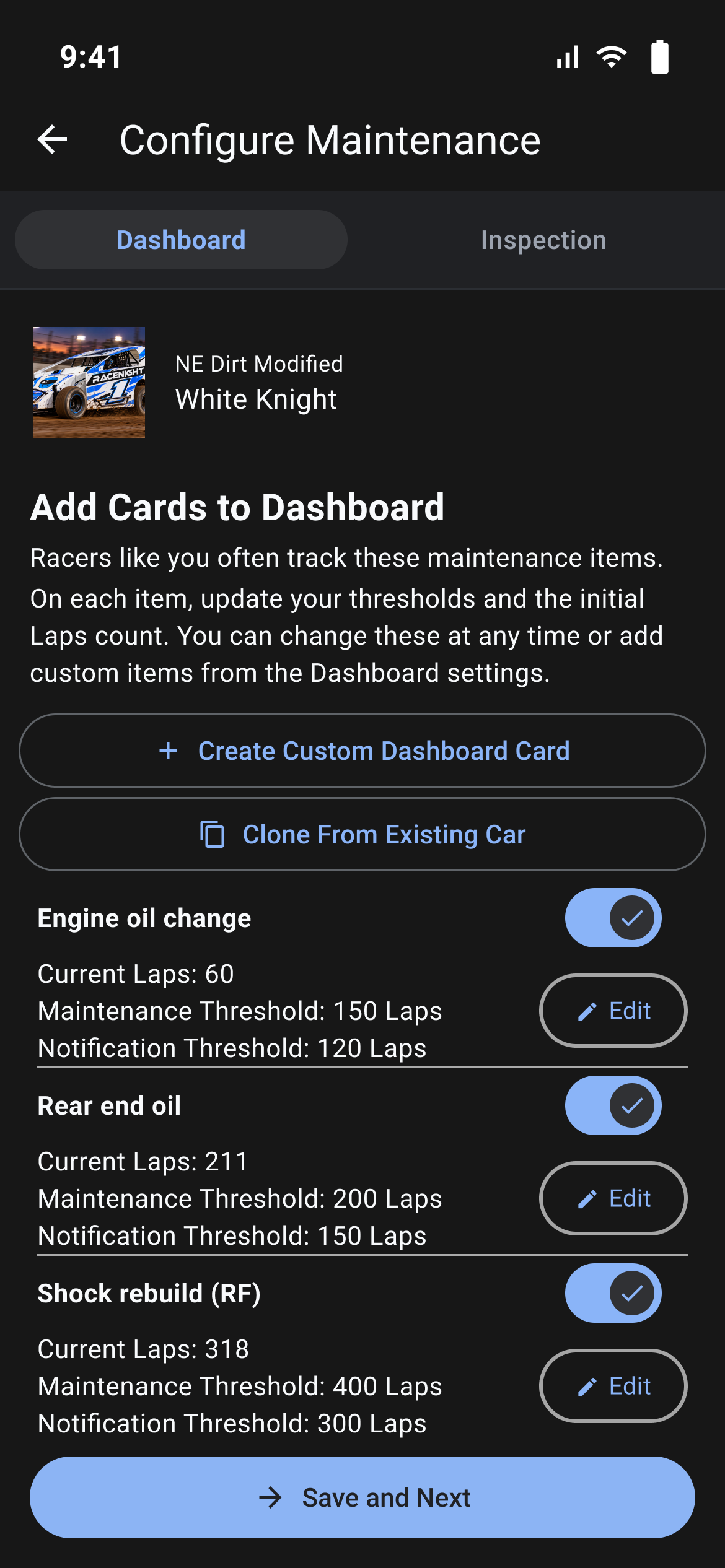 Configure Maintenance with dashboard cards and lap thresholds