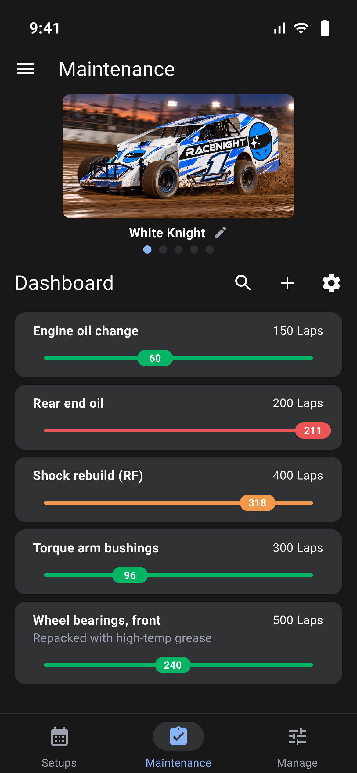 Maintenance tab Dashboard with a lap counter bar for each part, red when service is due