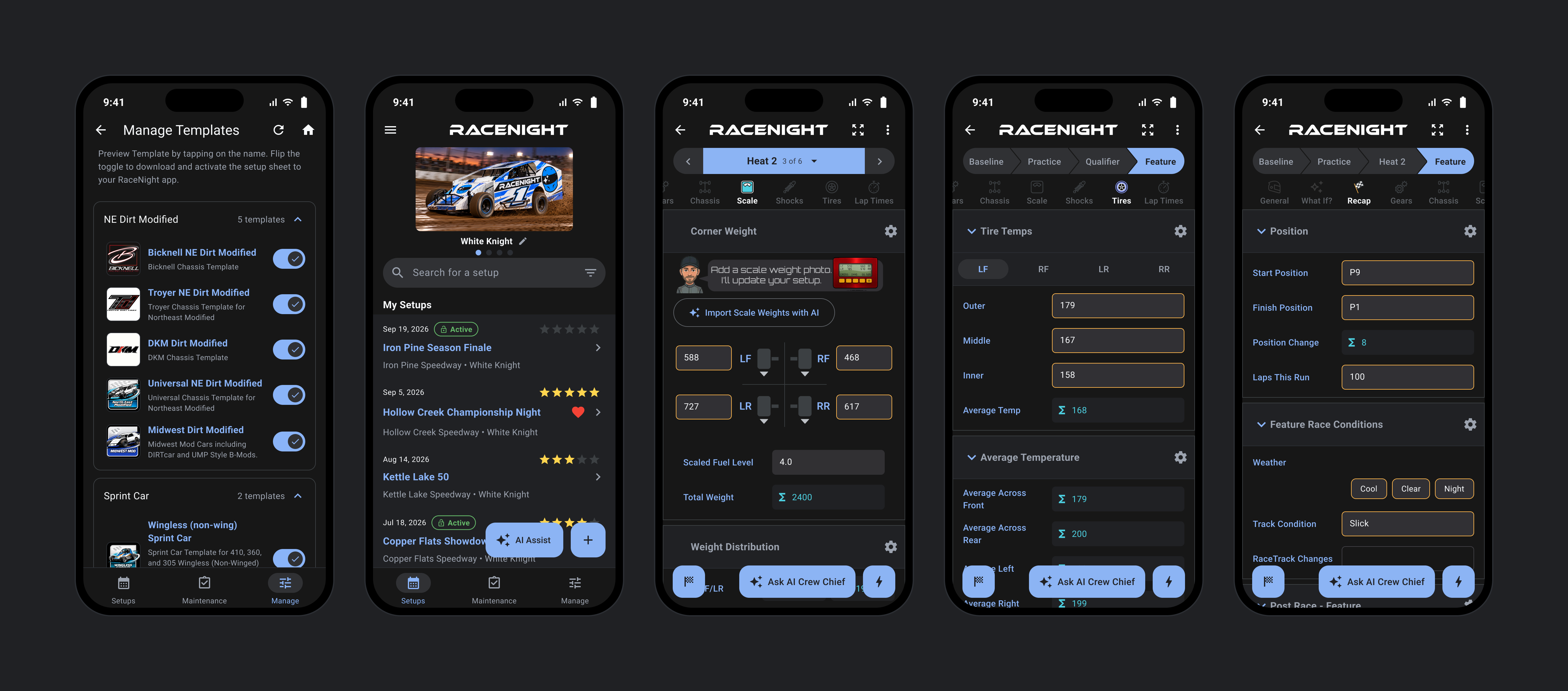 Five RaceNight screens: Manage Templates, the setup list, and a setup sheet open on Scale, Tires and Recap