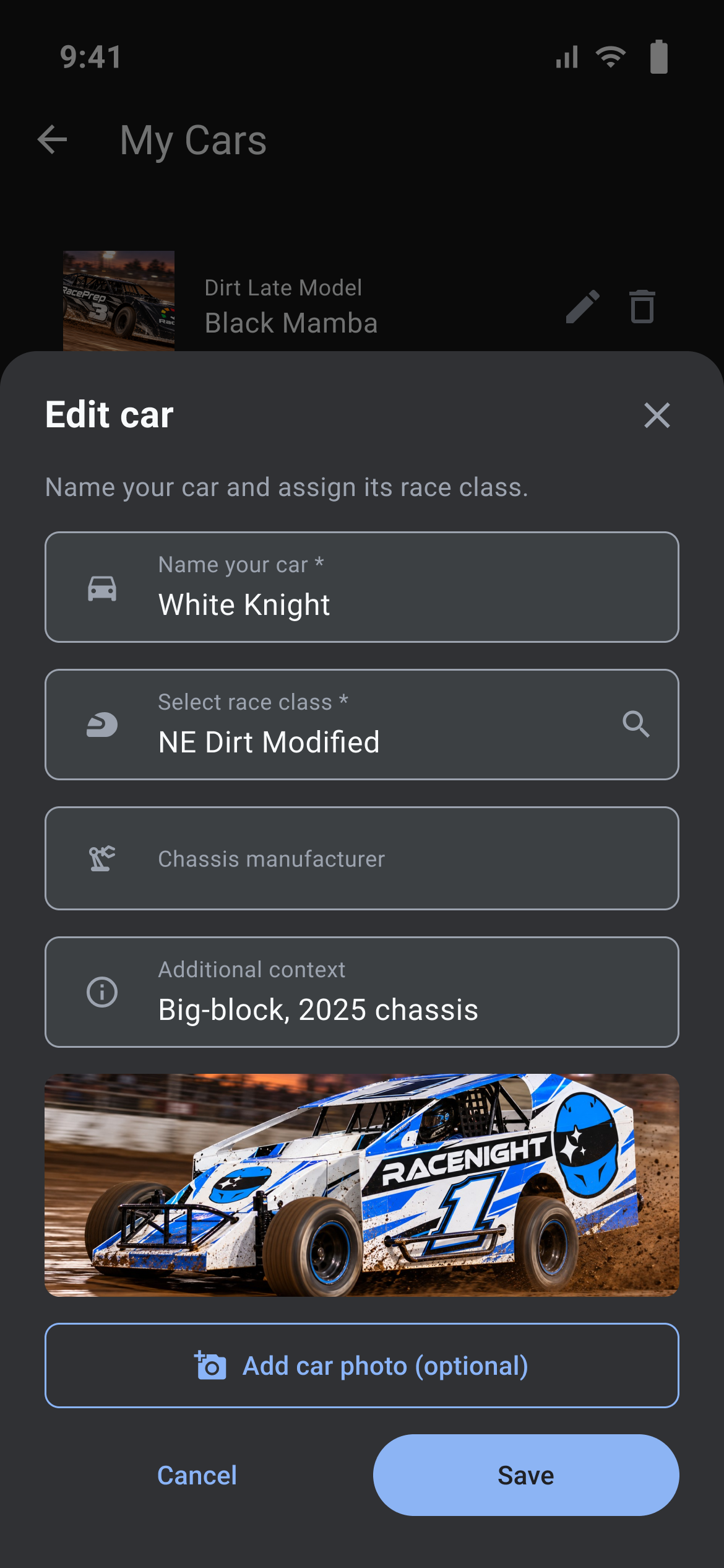 Edit car sheet