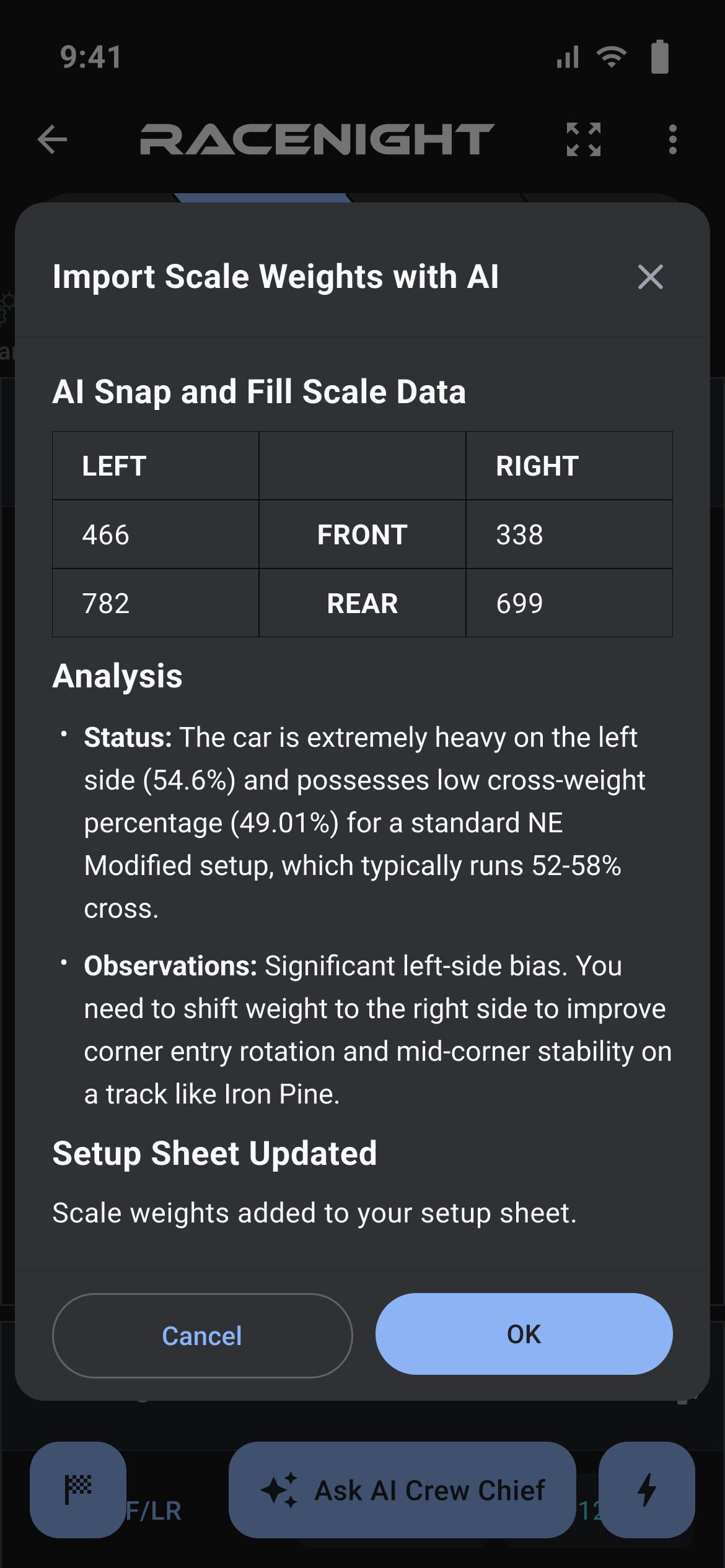 AI result dialog with the scale numbers it read from the photo