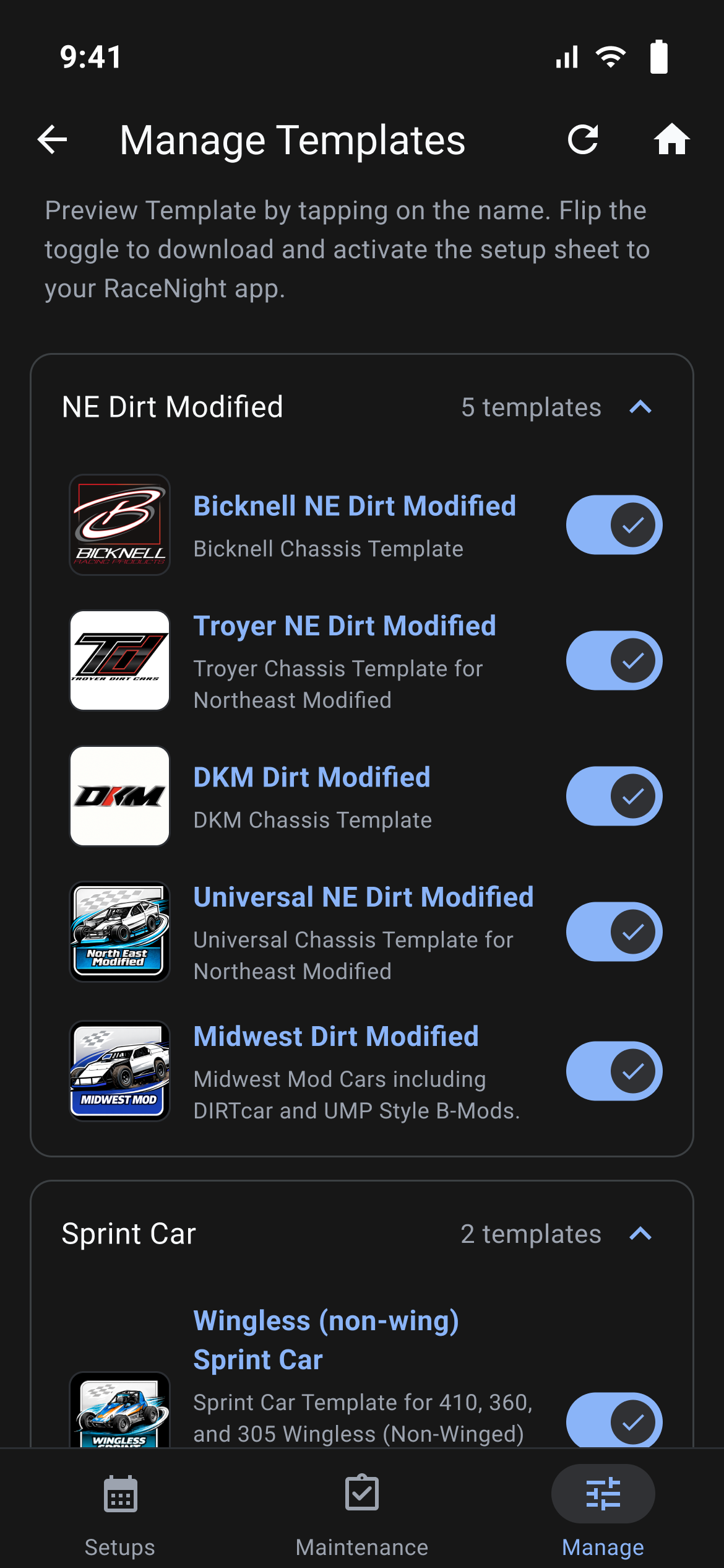 Manage Templates with five NE Dirt Modified templates switched on and the Sprint Car group below