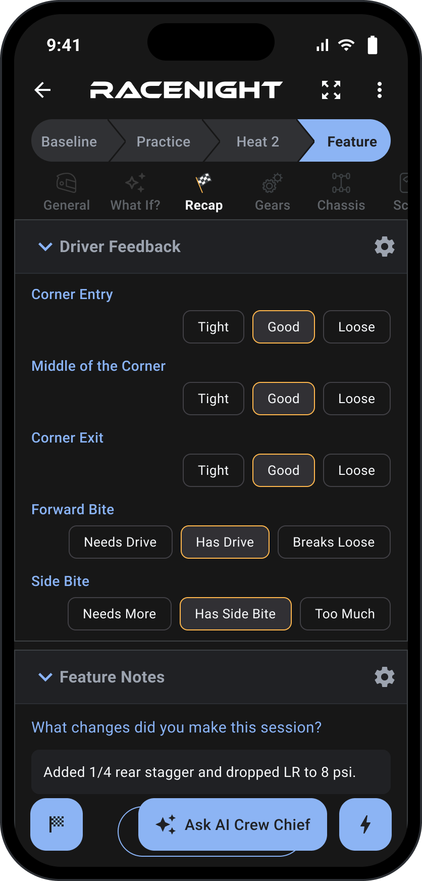 Race Recap with driver feedback on handling and the driver's own notes