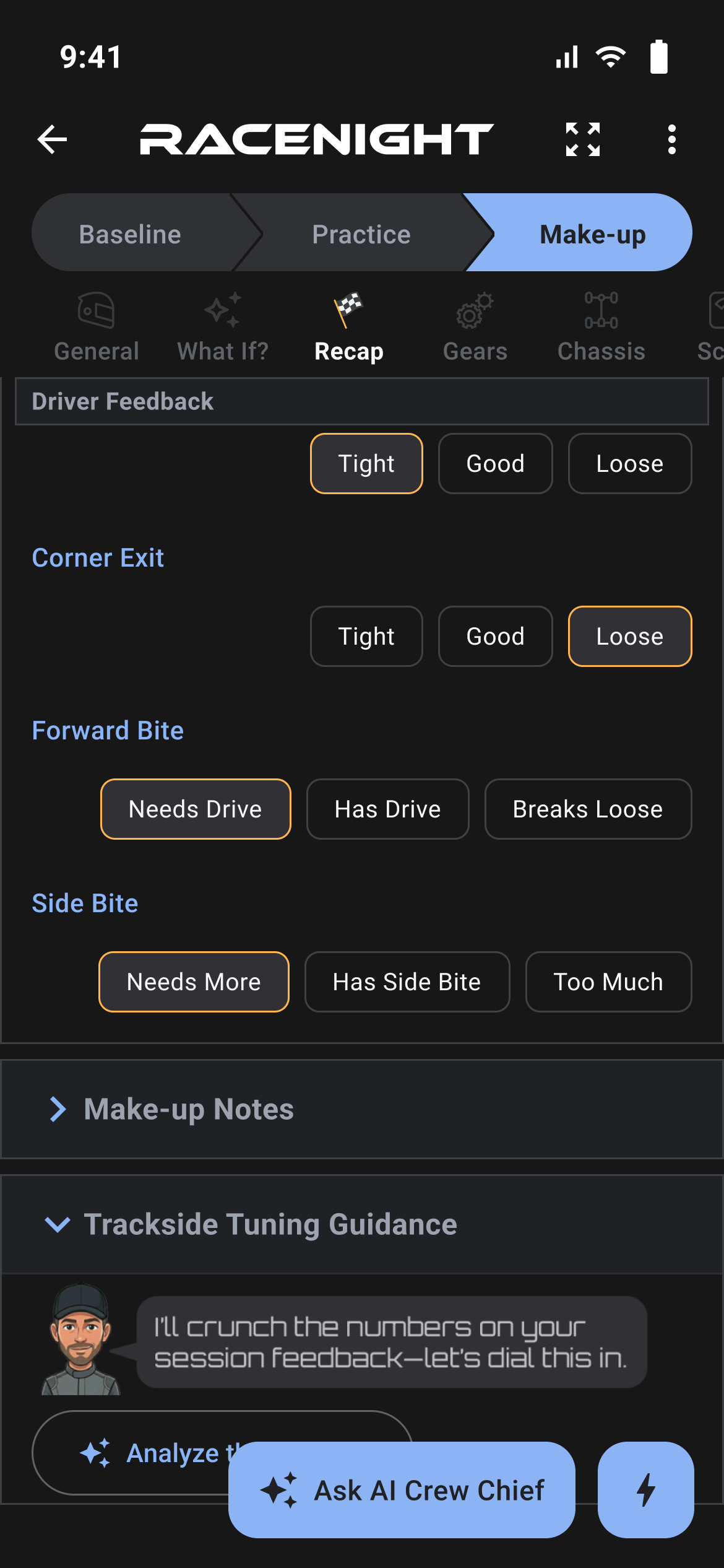 Recap category with Driver Feedback chips and the Analyze this session button
