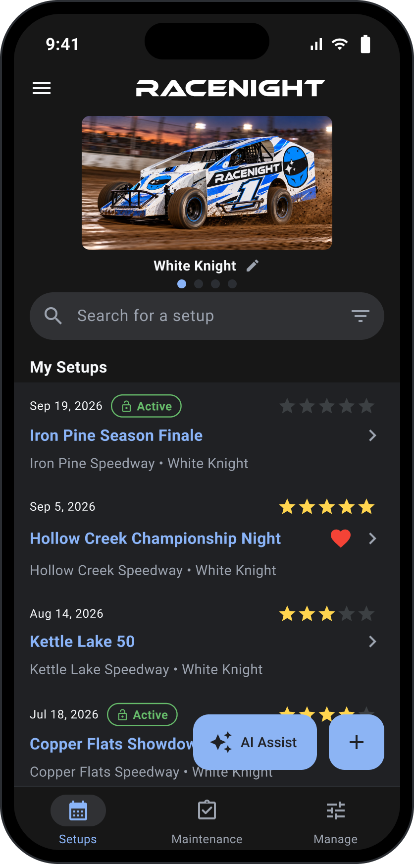 RaceNight setup sheet on iPhone