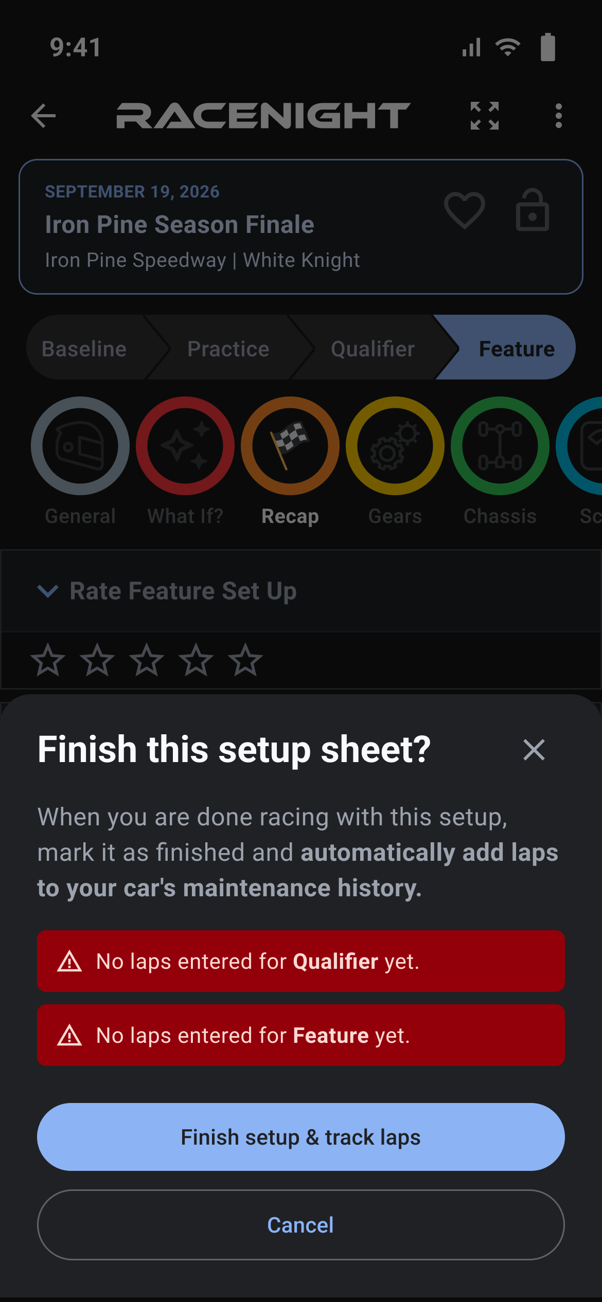 Finish this setup sheet? panel with red No laps entered alerts for Qualifier and Feature, Finish setup & track laps and Cancel