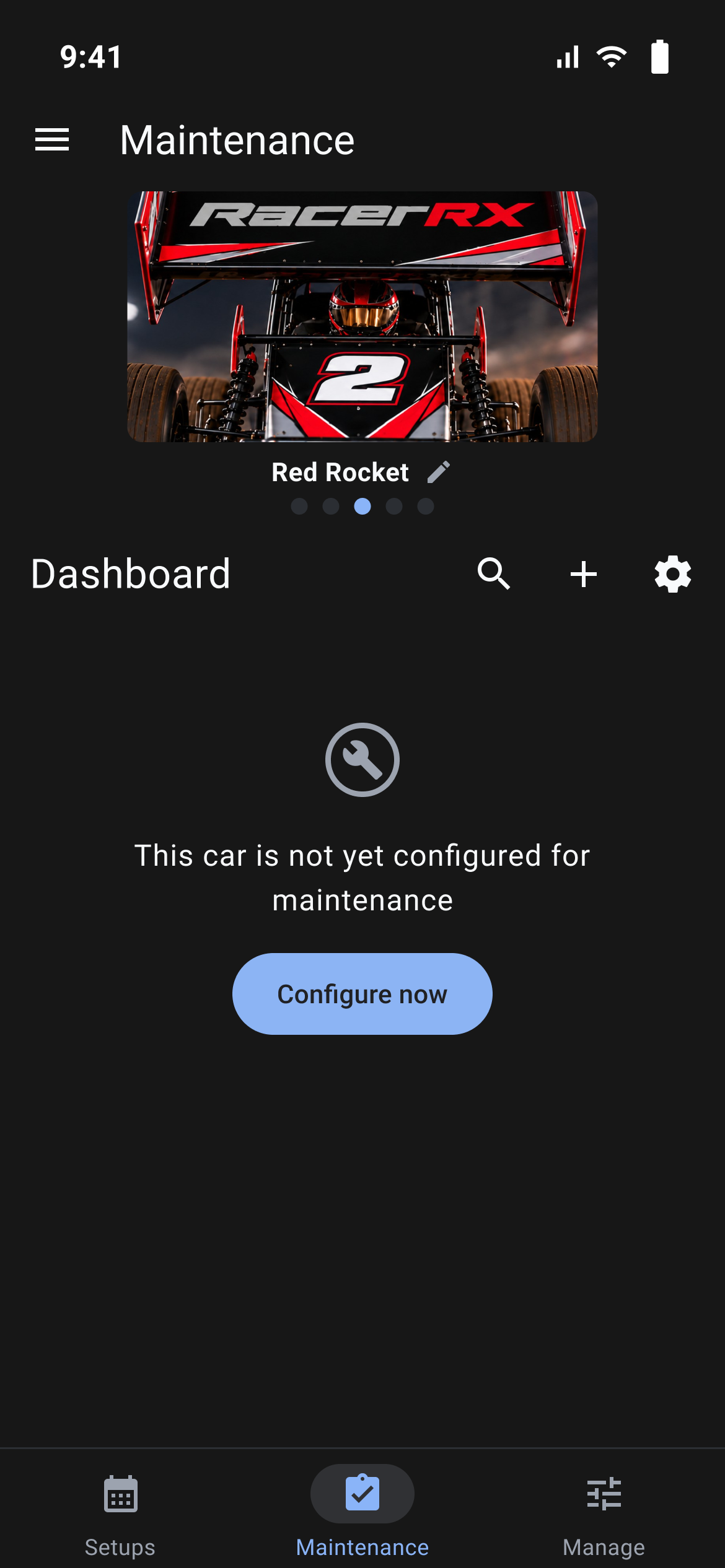 Maintenance dashboard for a car not yet configured, with Configure now