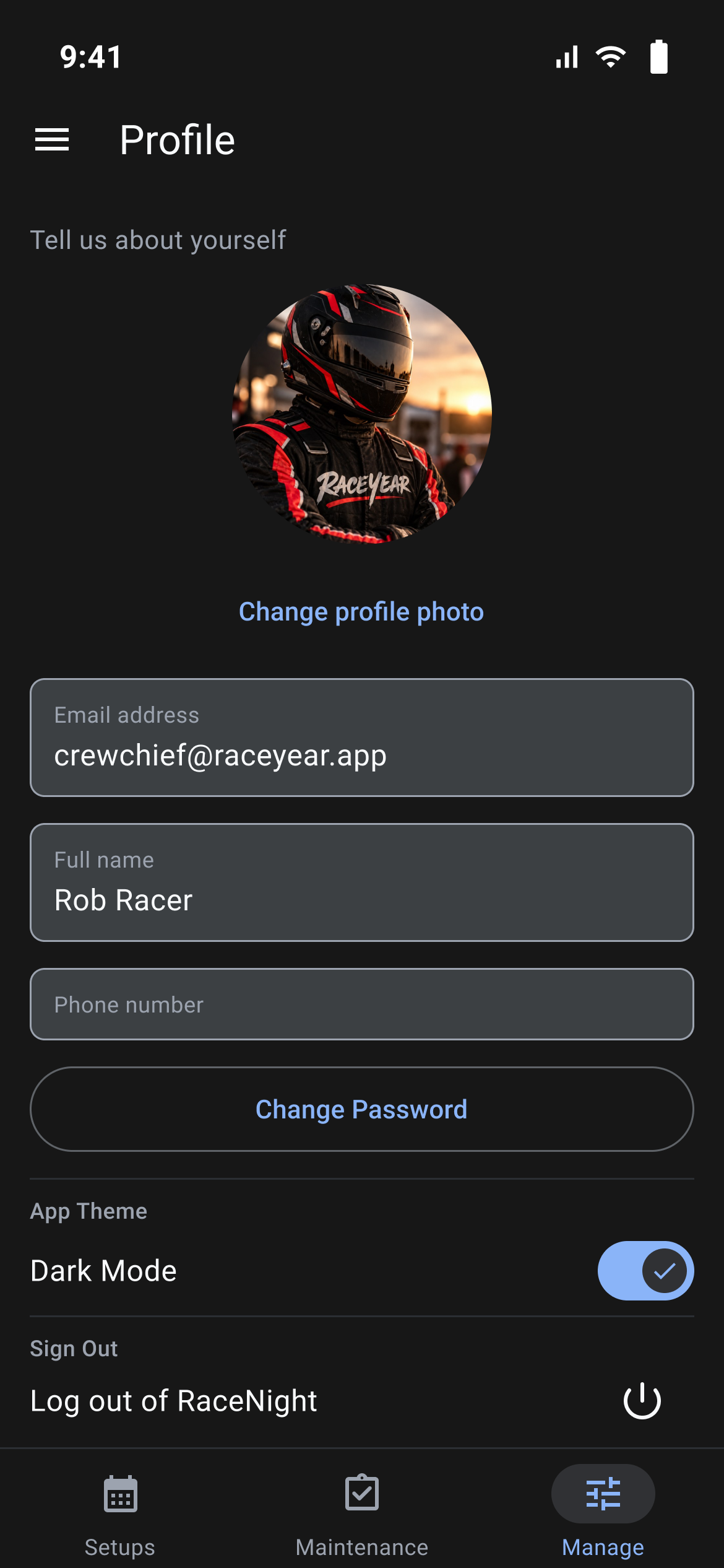 Profile screen with your photo, name, Change Password, the Dark Mode switch under App Theme and Log out of RaceNight