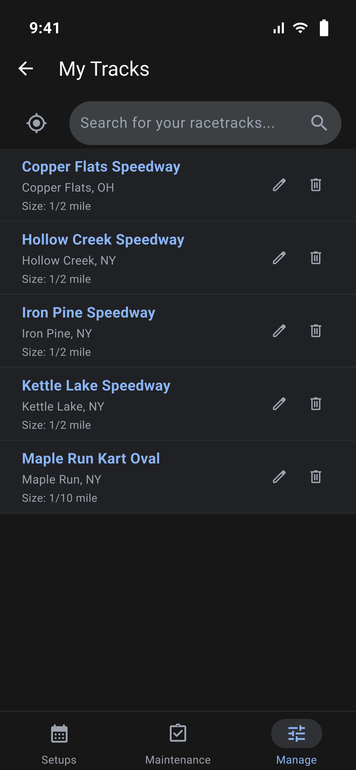 My Tracks list with five tracks and their sizes