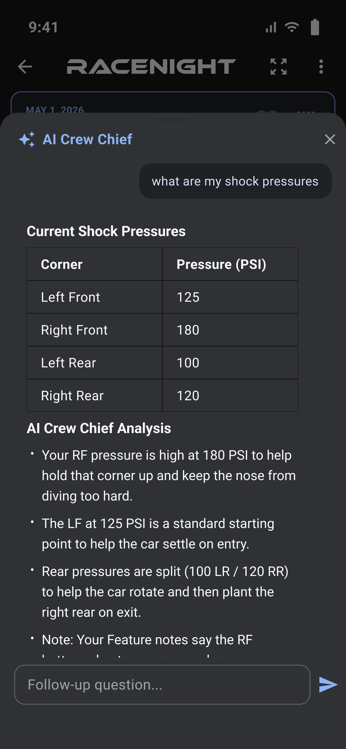 Ask AI Crew Chief sheet with a question about shock pressures and the answer