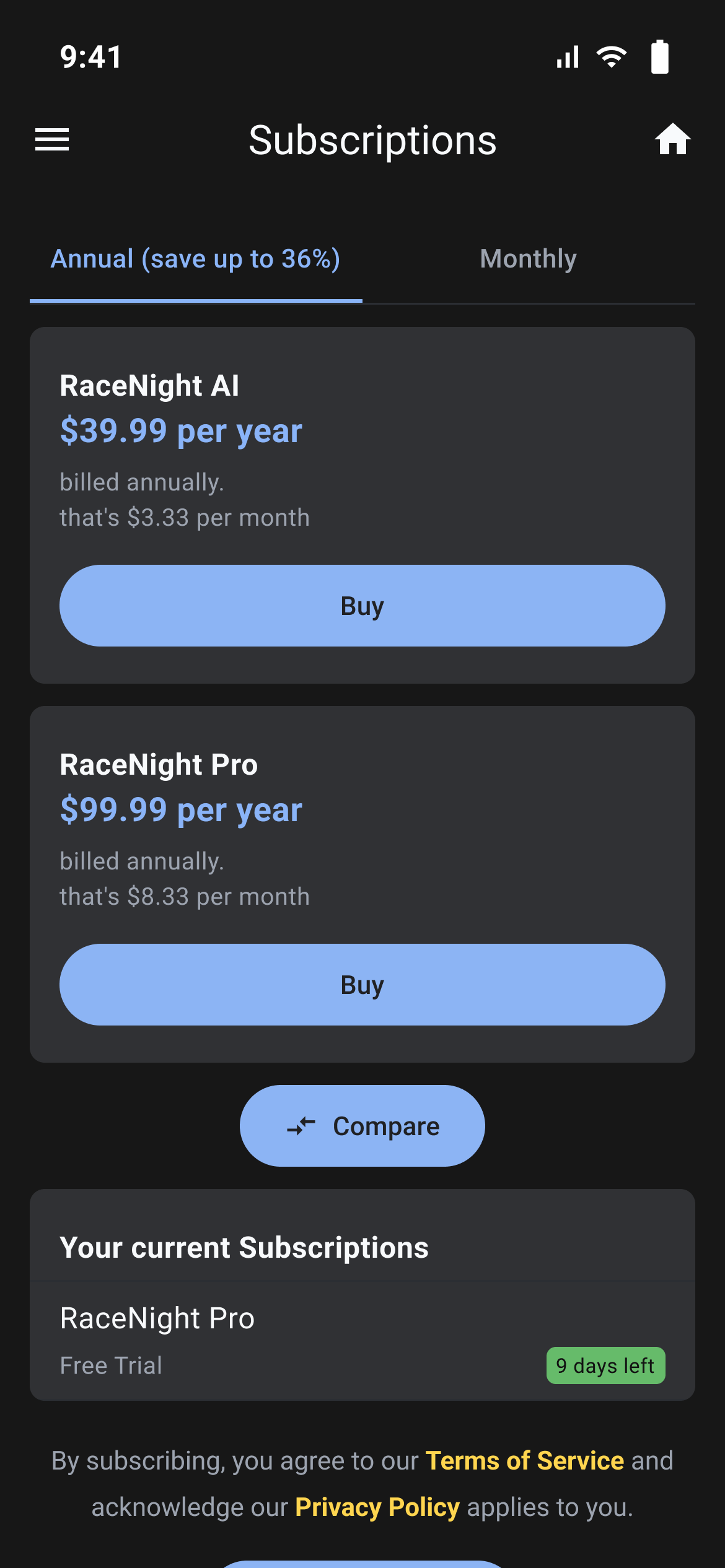 Subscriptions screen with the plans on offer