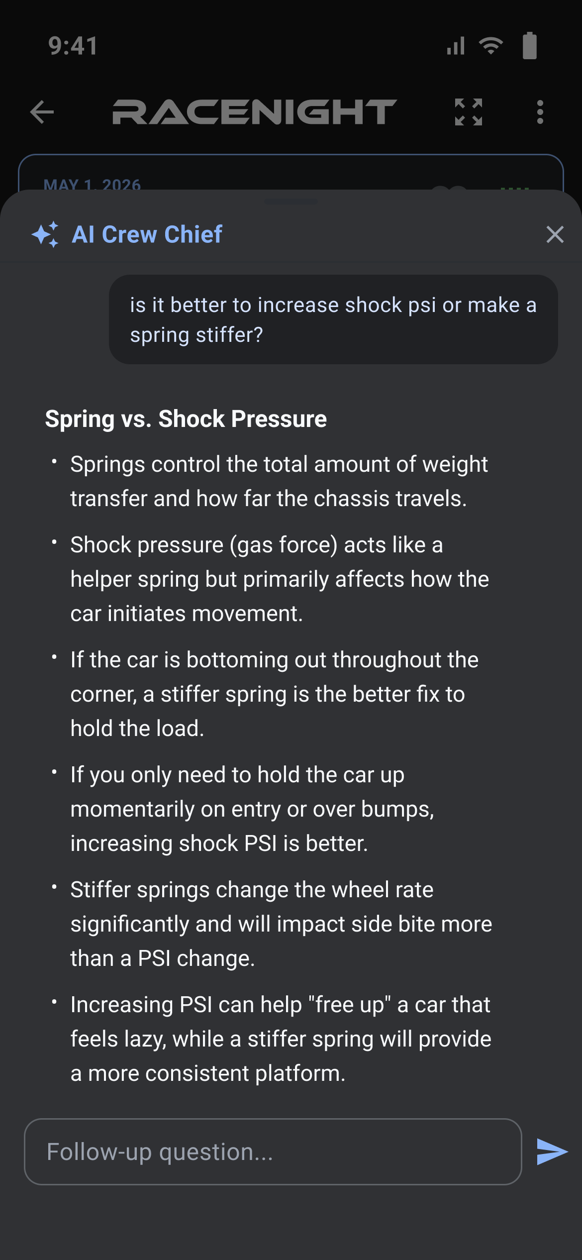 AI Crew Chief answer to a question about a stiffer spring versus more shock pressure, with the Follow-up question box