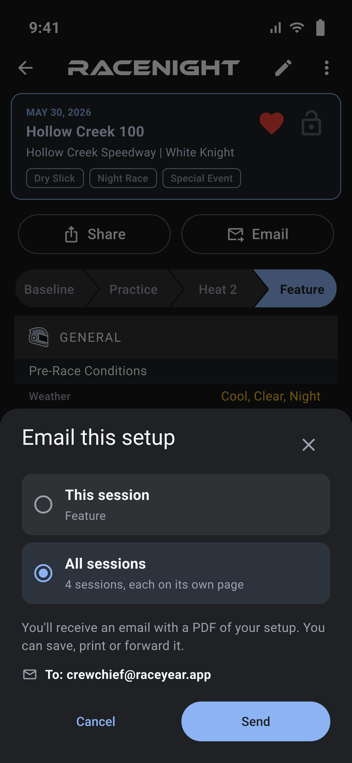 Email this setup, with This session and All sessions