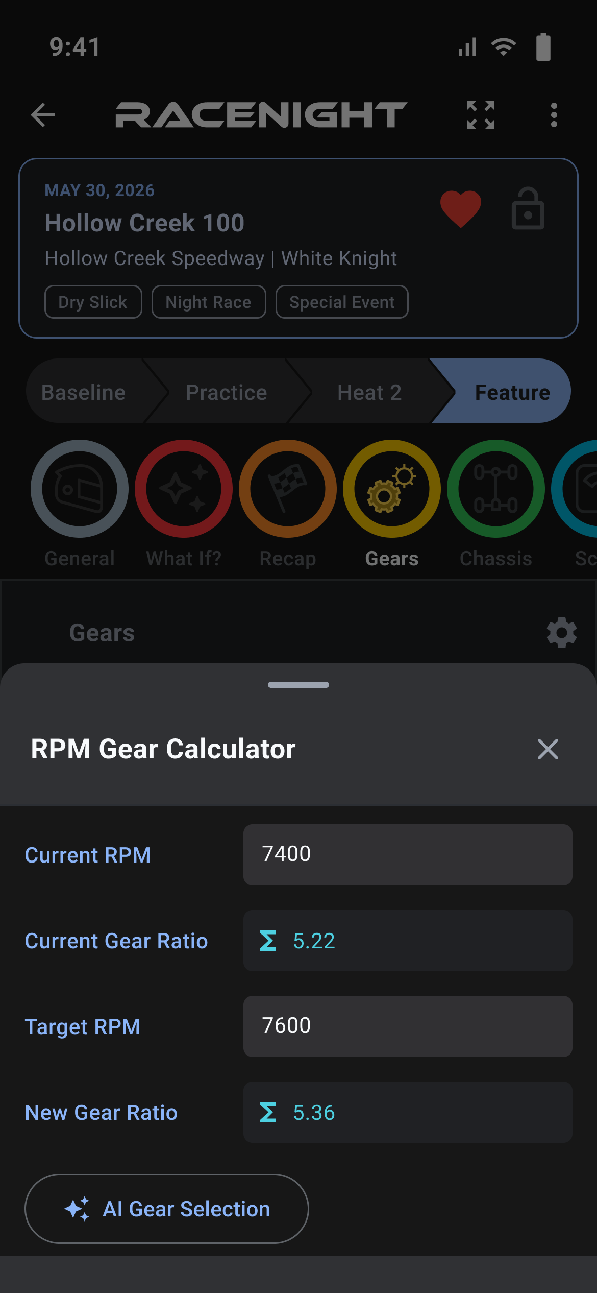 RPM Gear Calculator with Current RPM, Target RPM, both gear ratios and AI Gear Selection