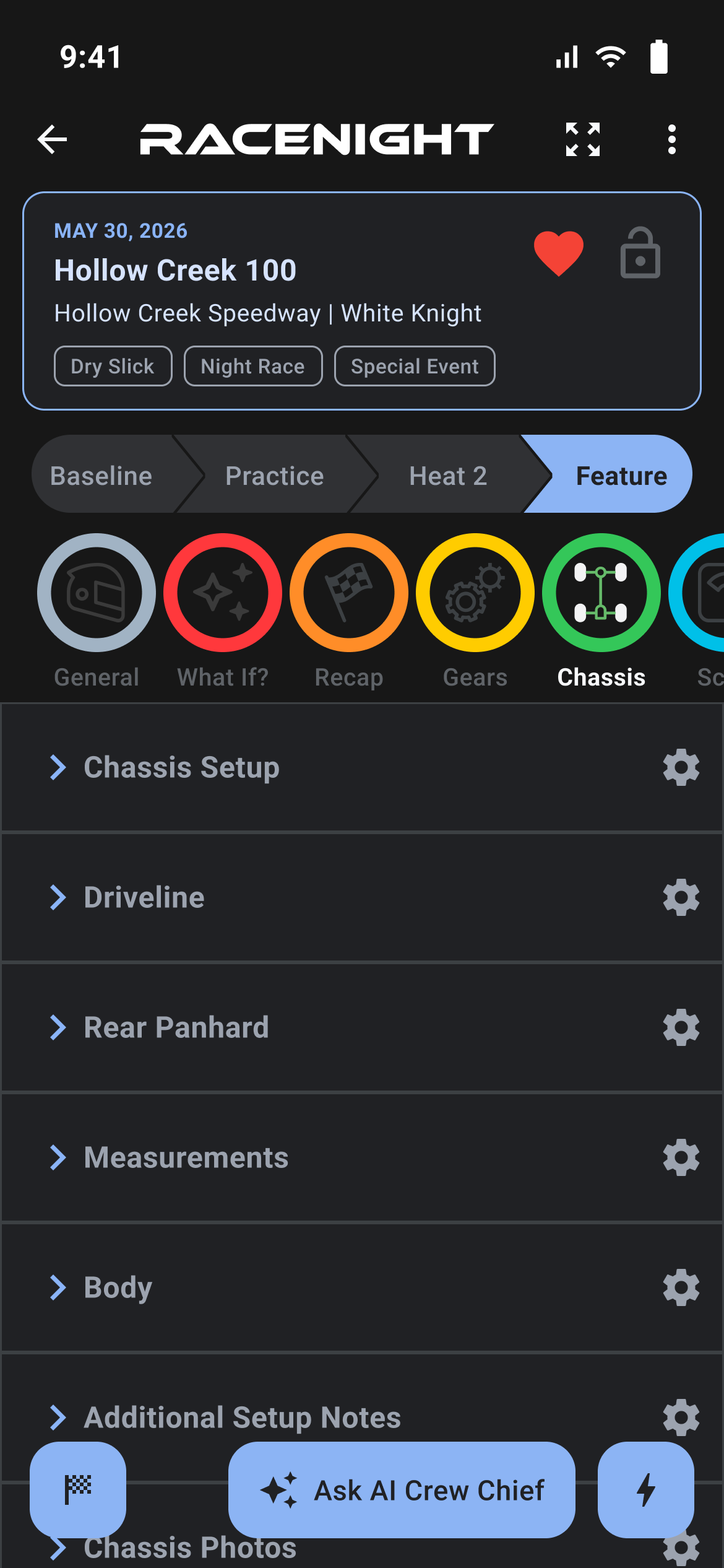 Setup sheet with the category icon bar