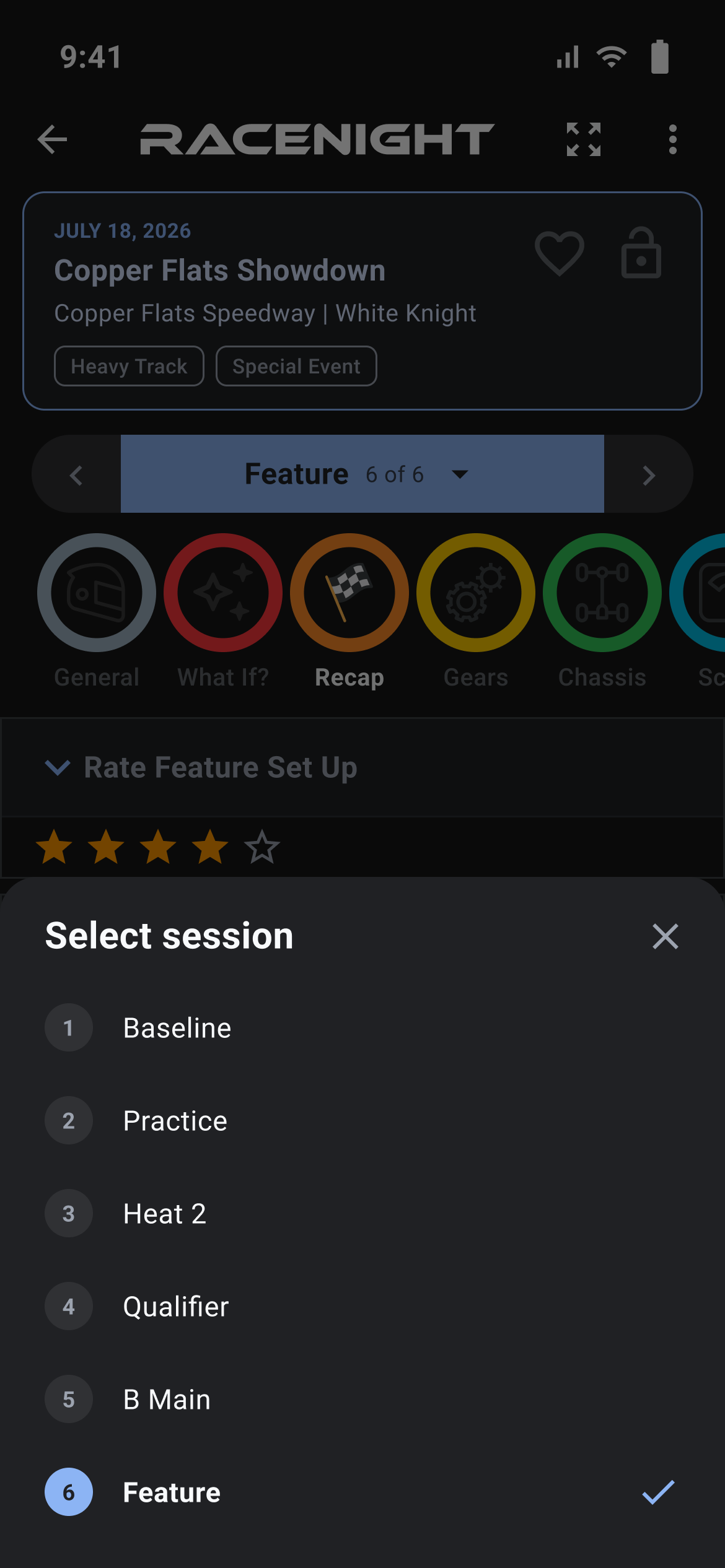 Select session list with six sessions and Feature ticked