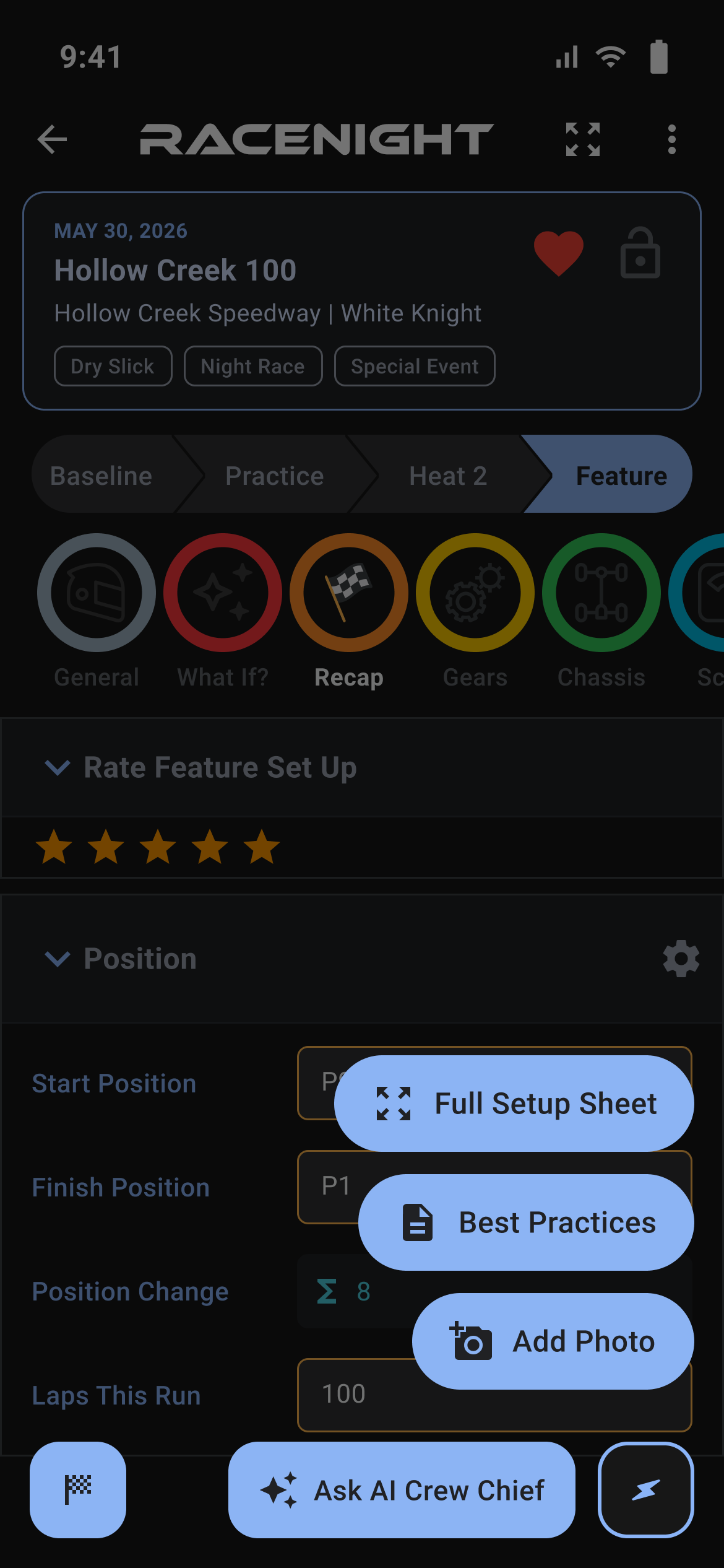 Setup sheet with the lightning button menu open