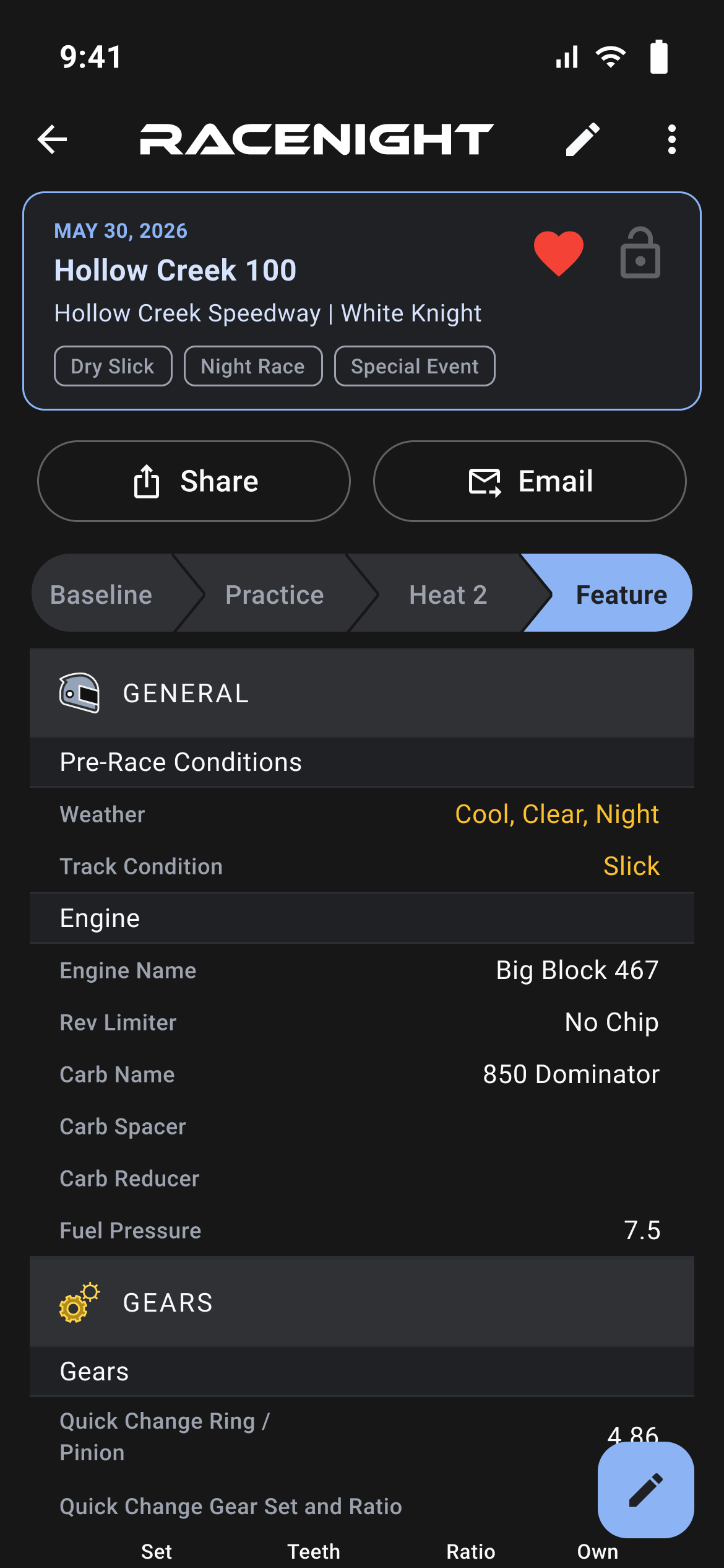 Full setup sheet with Share and Email buttons, the session bar, and the General and Gears sections