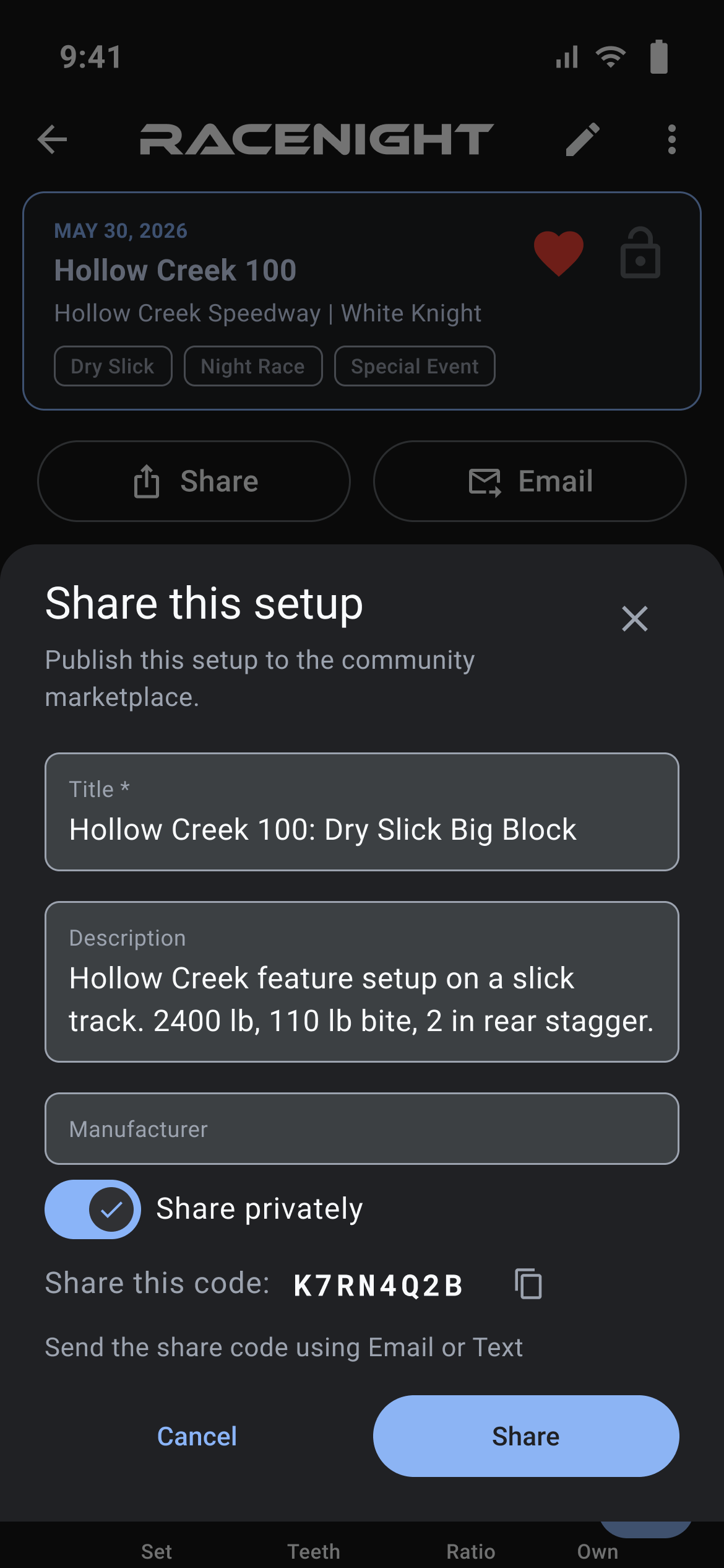 Share sheet with Share privately on and an 8-character code