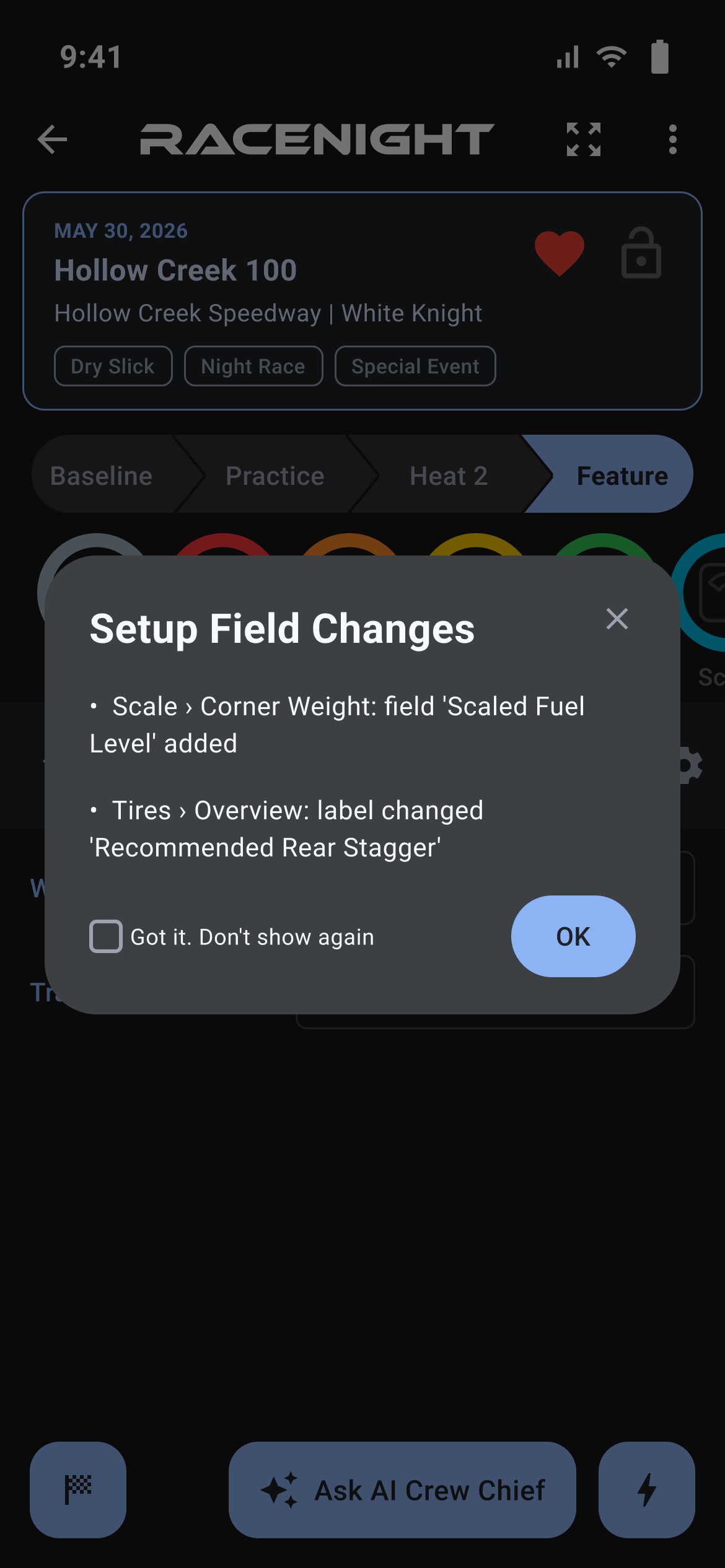 Setup Field Changes note after an update, with Got it. Don't show again and OK