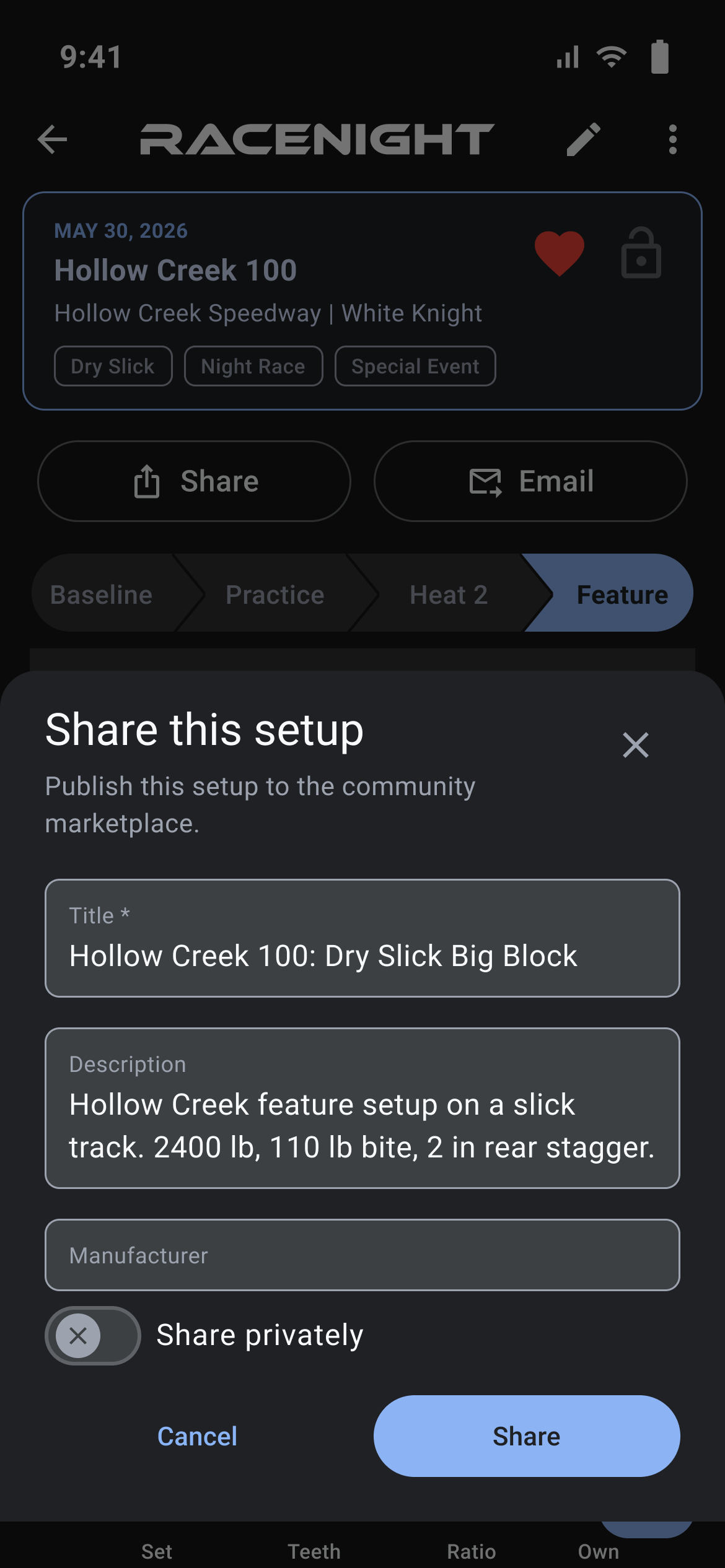 Share sheet with the title and description filled in and Share privately off