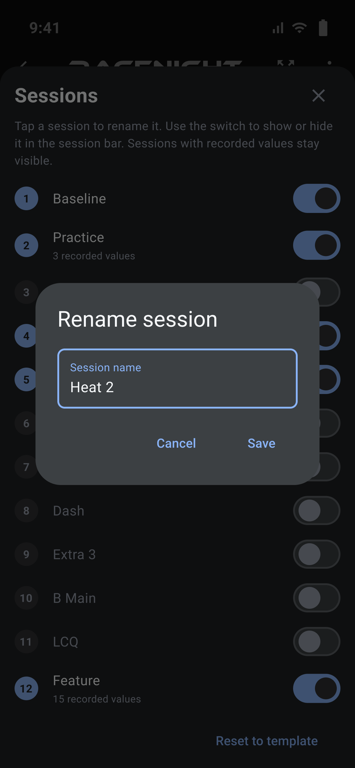 Rename session dialog over the Sessions sheet
