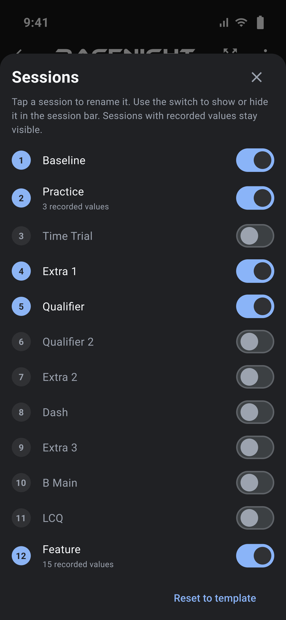 Edit sessions sheet with five sessions switched on and a count of recorded values under Practice and Feature